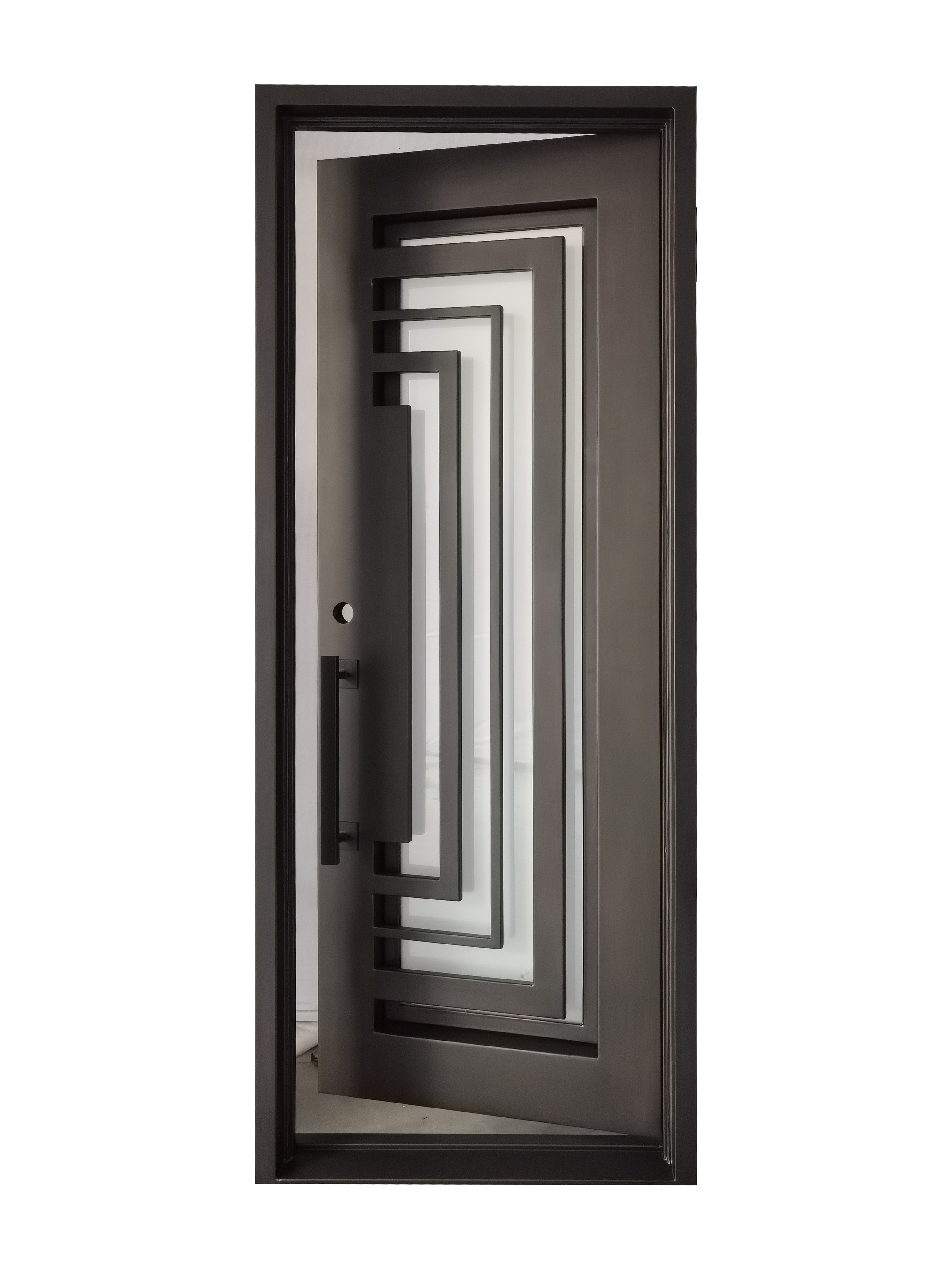 Bellaire Model Pre Hung Single Front Entry Wrought Iron Door With Frosted Glass Dark Bronze Finish