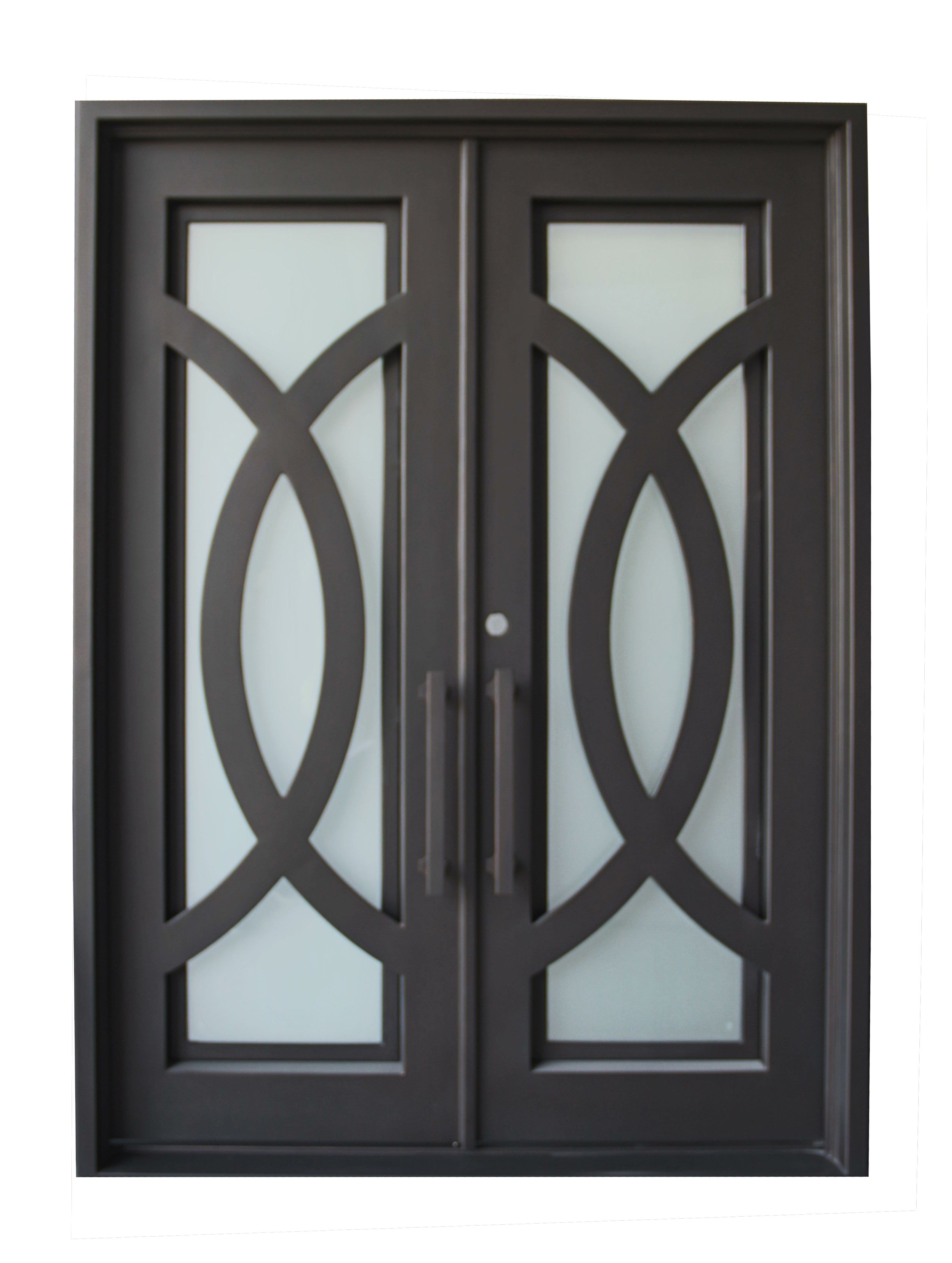 Bellevue Model Double Front Entry Iron Door With Tempered Frosted Glass Dark Bronze Finish - AAWAIZ IMPORTS