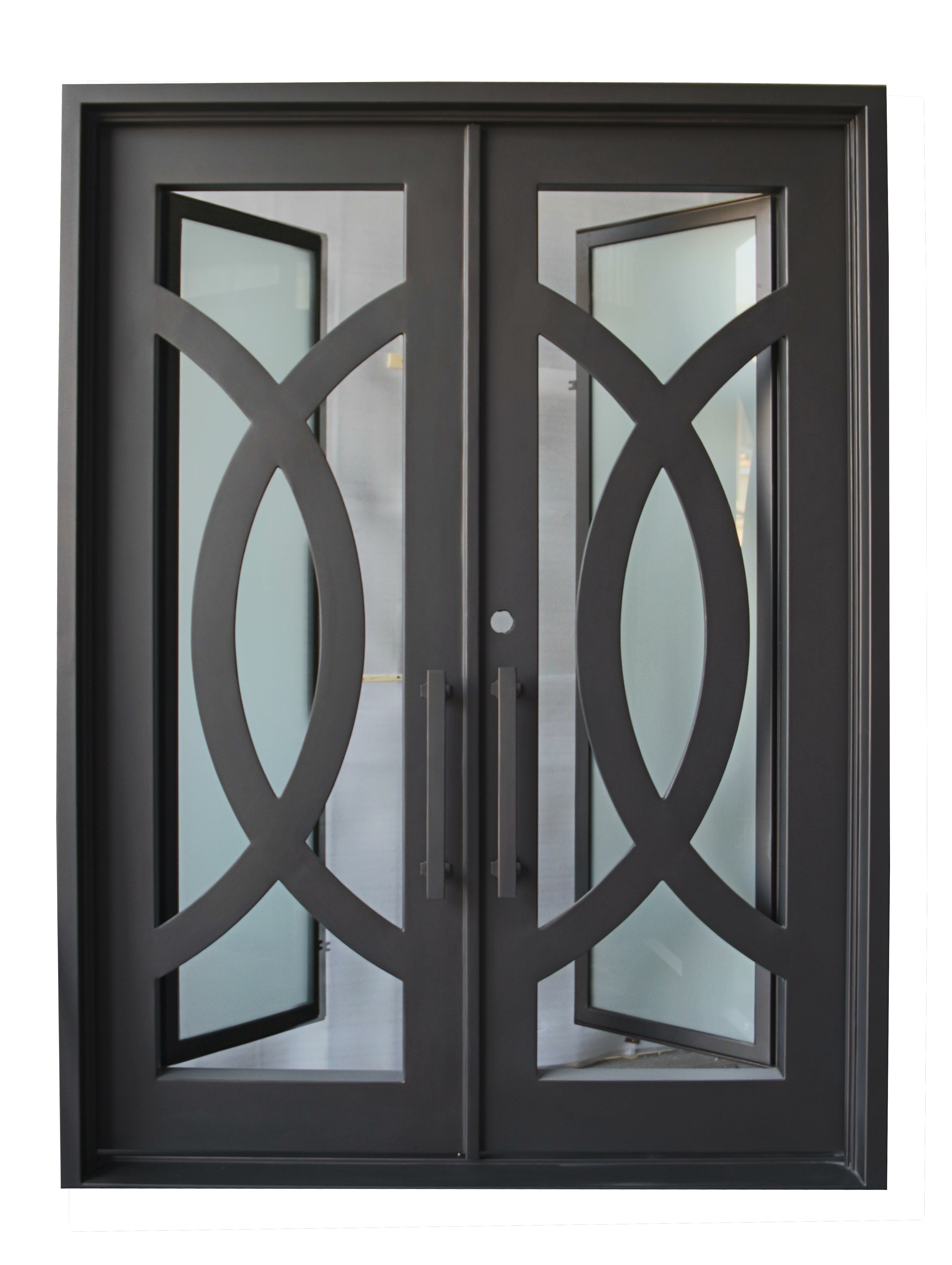 Bellevue Model Double Front Entry Iron Door With Tempered Frosted Glass Dark Bronze Finish - AAWAIZ IMPORTS