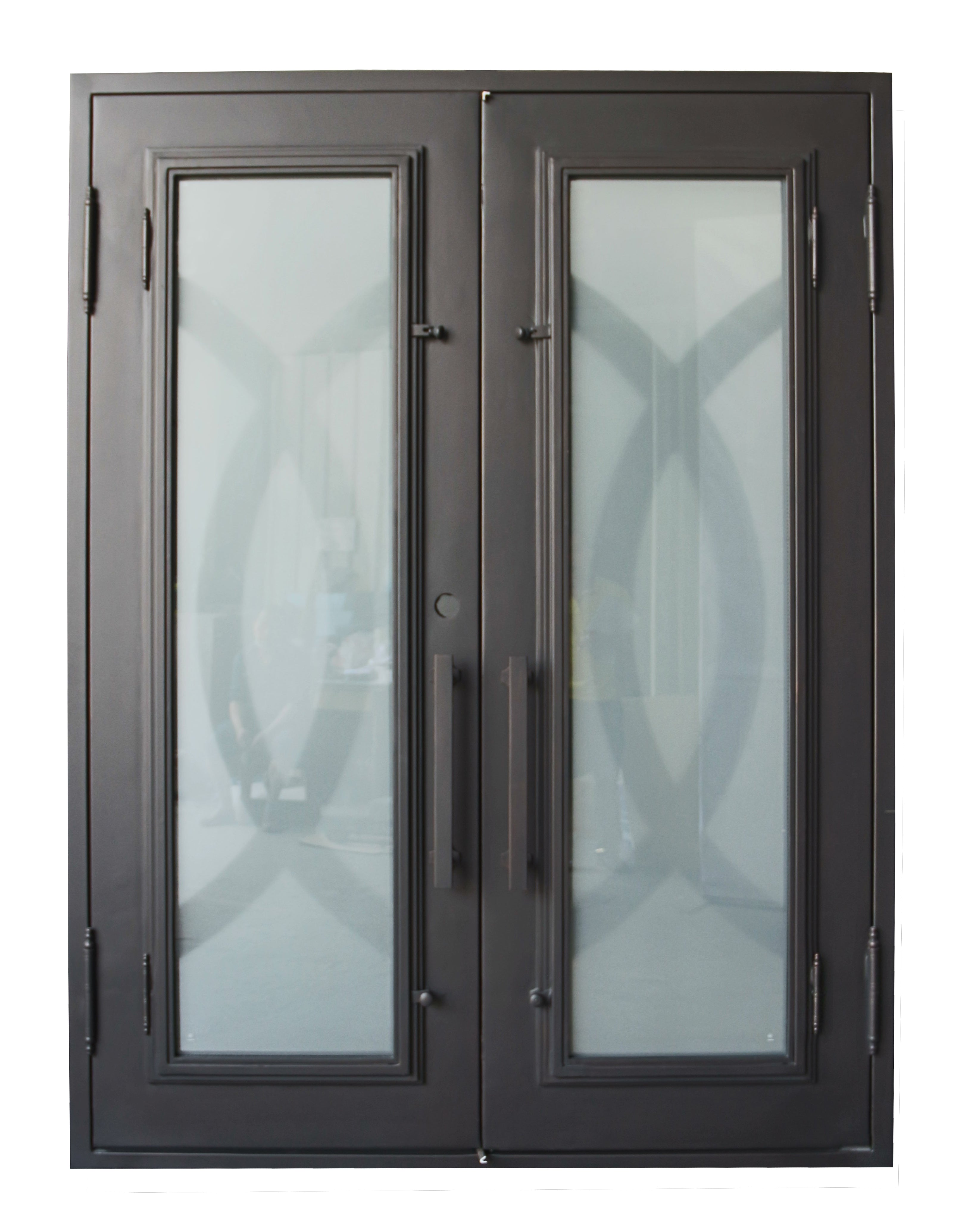 Bellevue Model Double Front Entry Iron Door With Tempered Frosted Glass Dark Bronze Finish - AAWAIZ IMPORTS