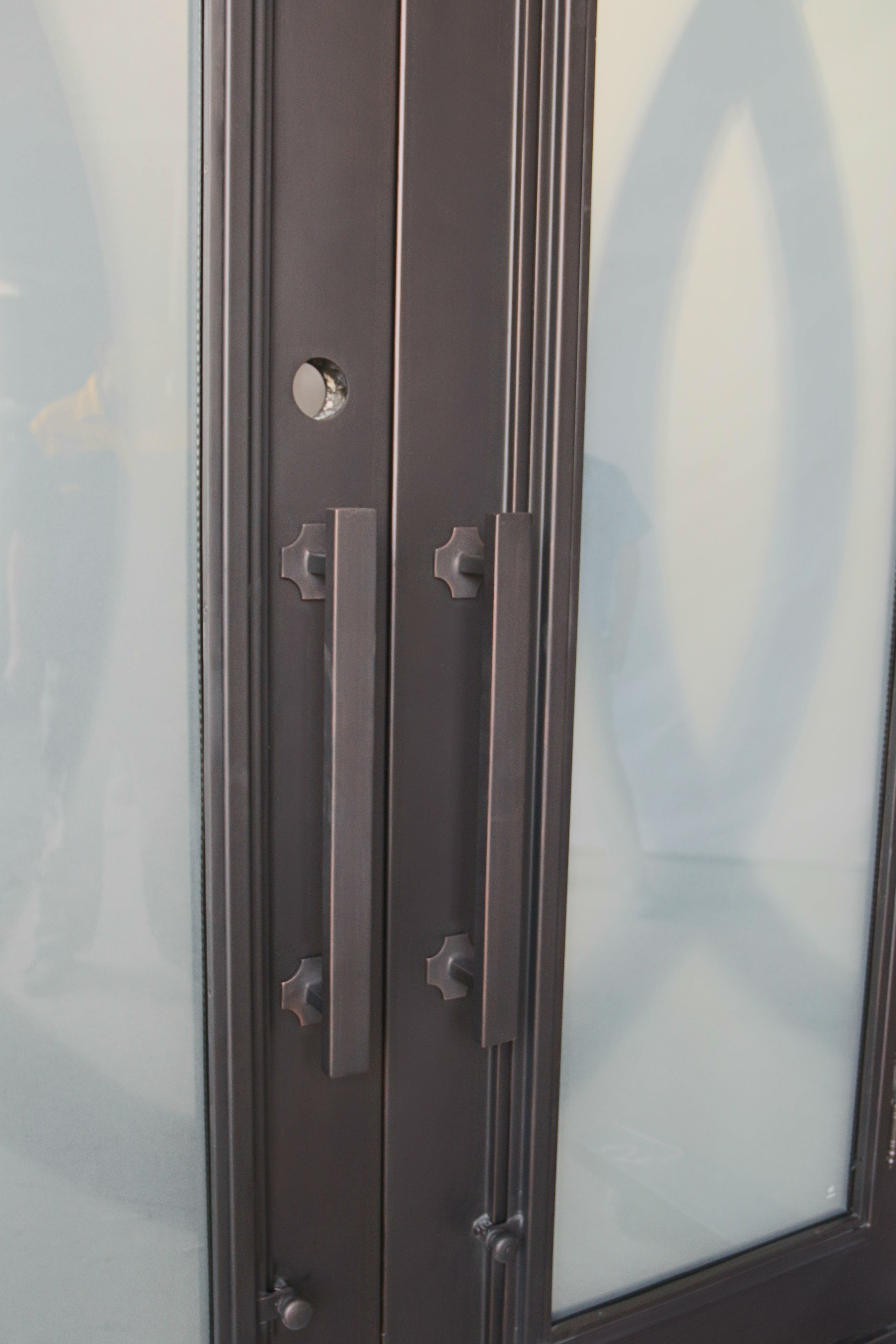 Bellevue Model Double Front Entry Iron Door With Tempered Frosted Glass Dark Bronze Finish - AAWAIZ IMPORTS