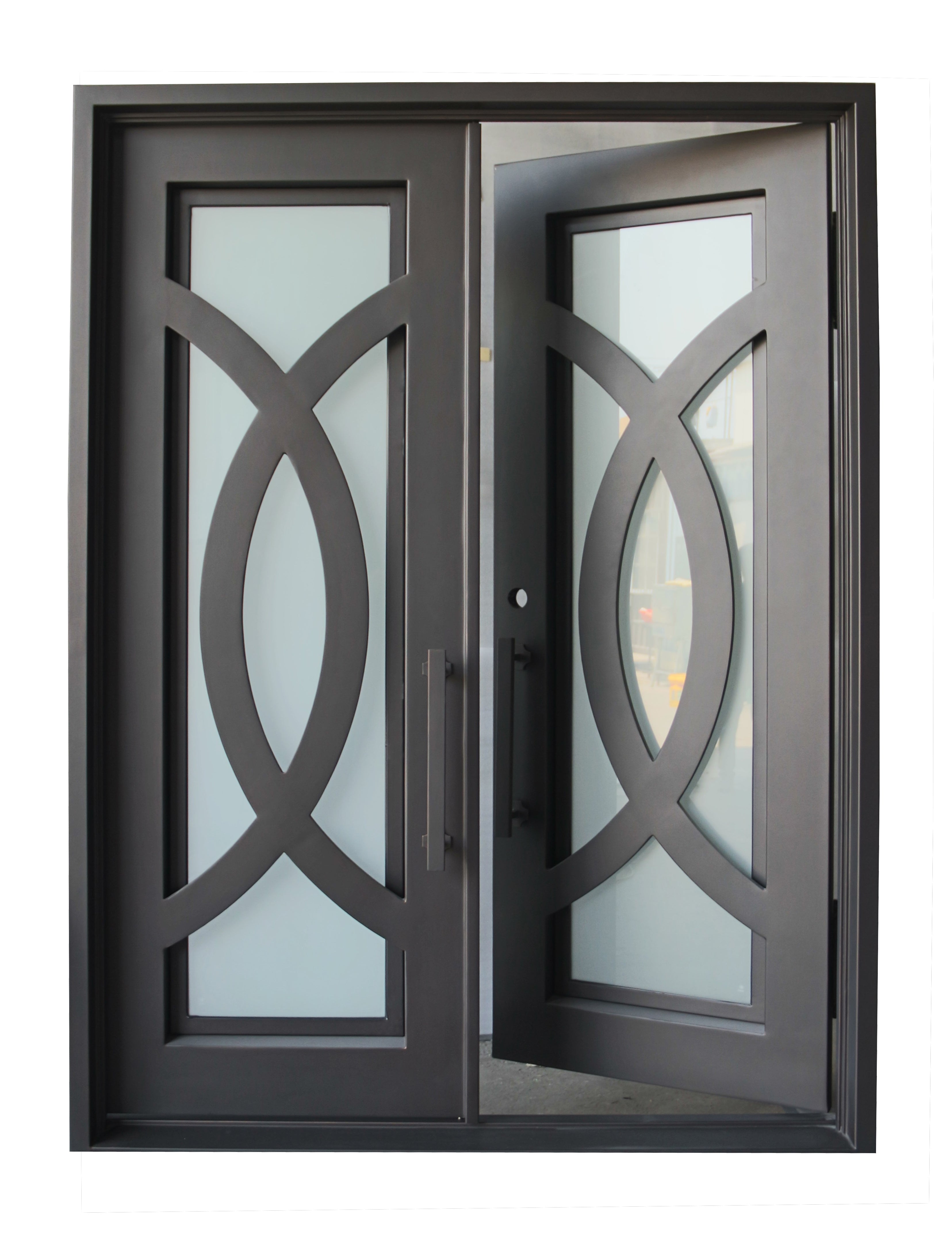 Bellevue Model Double Front Entry Iron Door With Tempered Frosted Glass Dark Bronze Finish - AAWAIZ IMPORTS