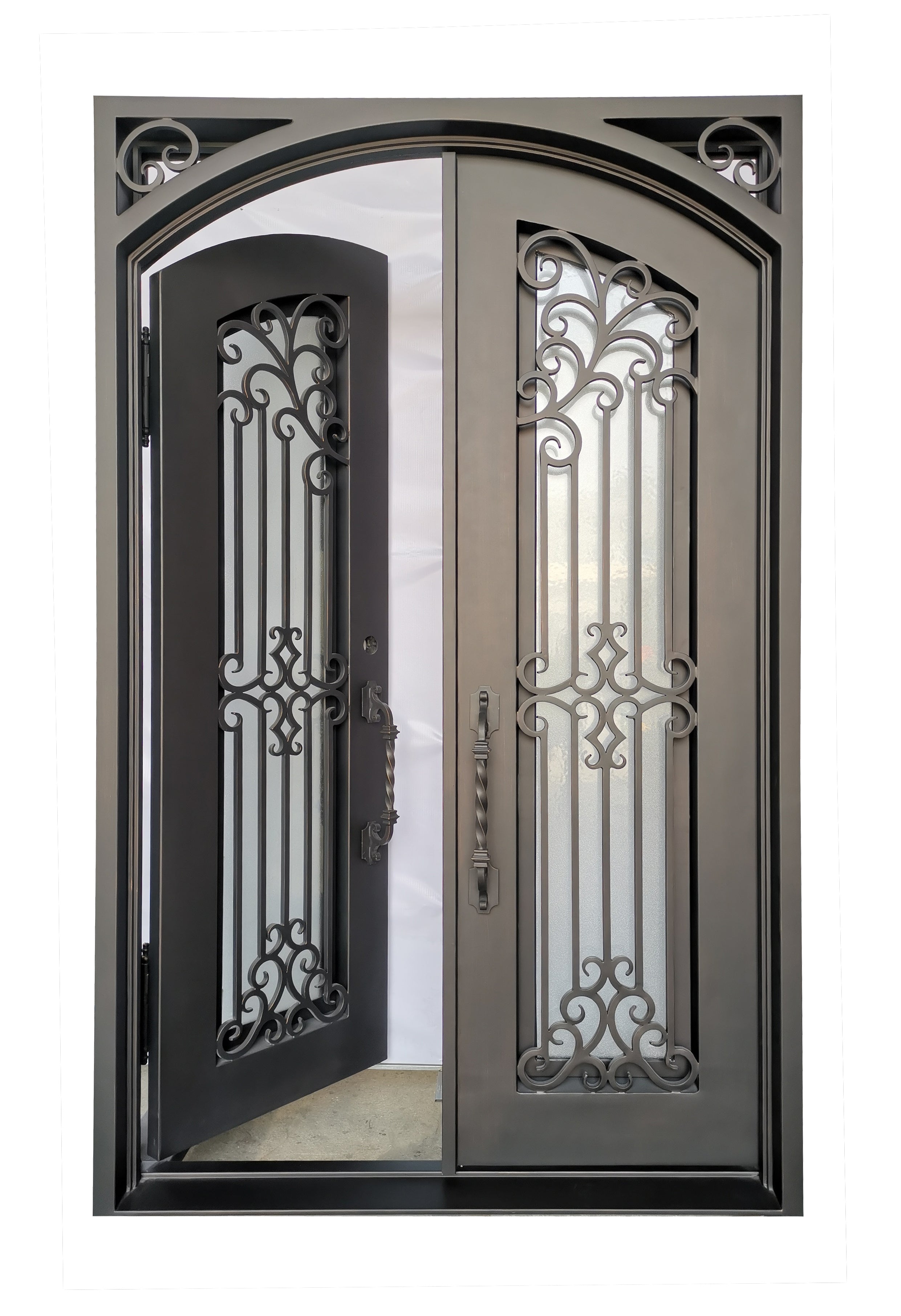 Hidalgo Model Double Front Entry Iron Door With Tempered Aqua Lite Glass Dark Bronze Finish - AAWAIZ IMPORTS