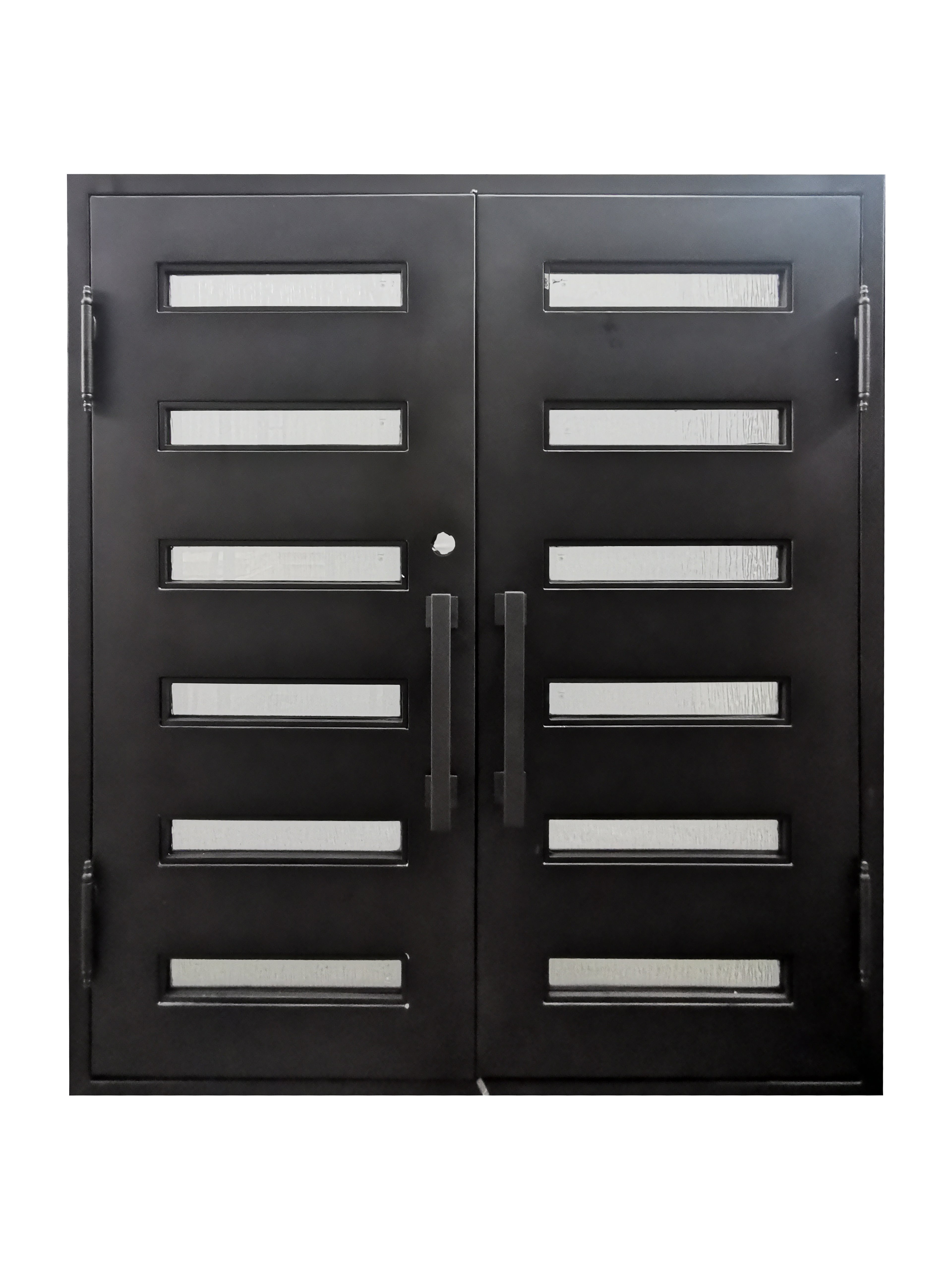 Aledo Model Double Front Entry Iron Door With Tempered Rain Glass Dark Bronze Finish