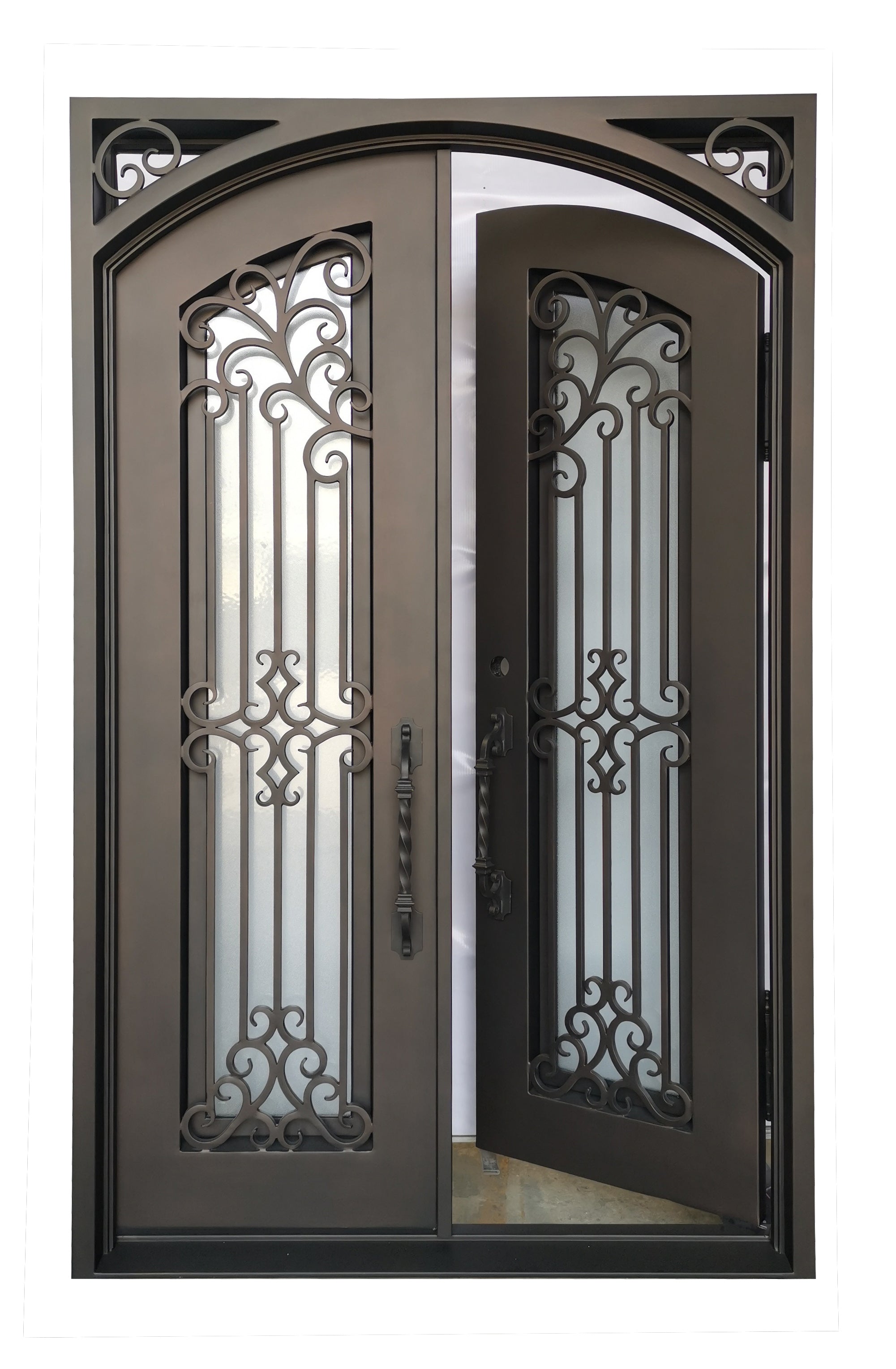 Hidalgo Model Double Front Entry Iron Door With Tempered Aqua Lite Glass Dark Bronze Finish - AAWAIZ IMPORTS