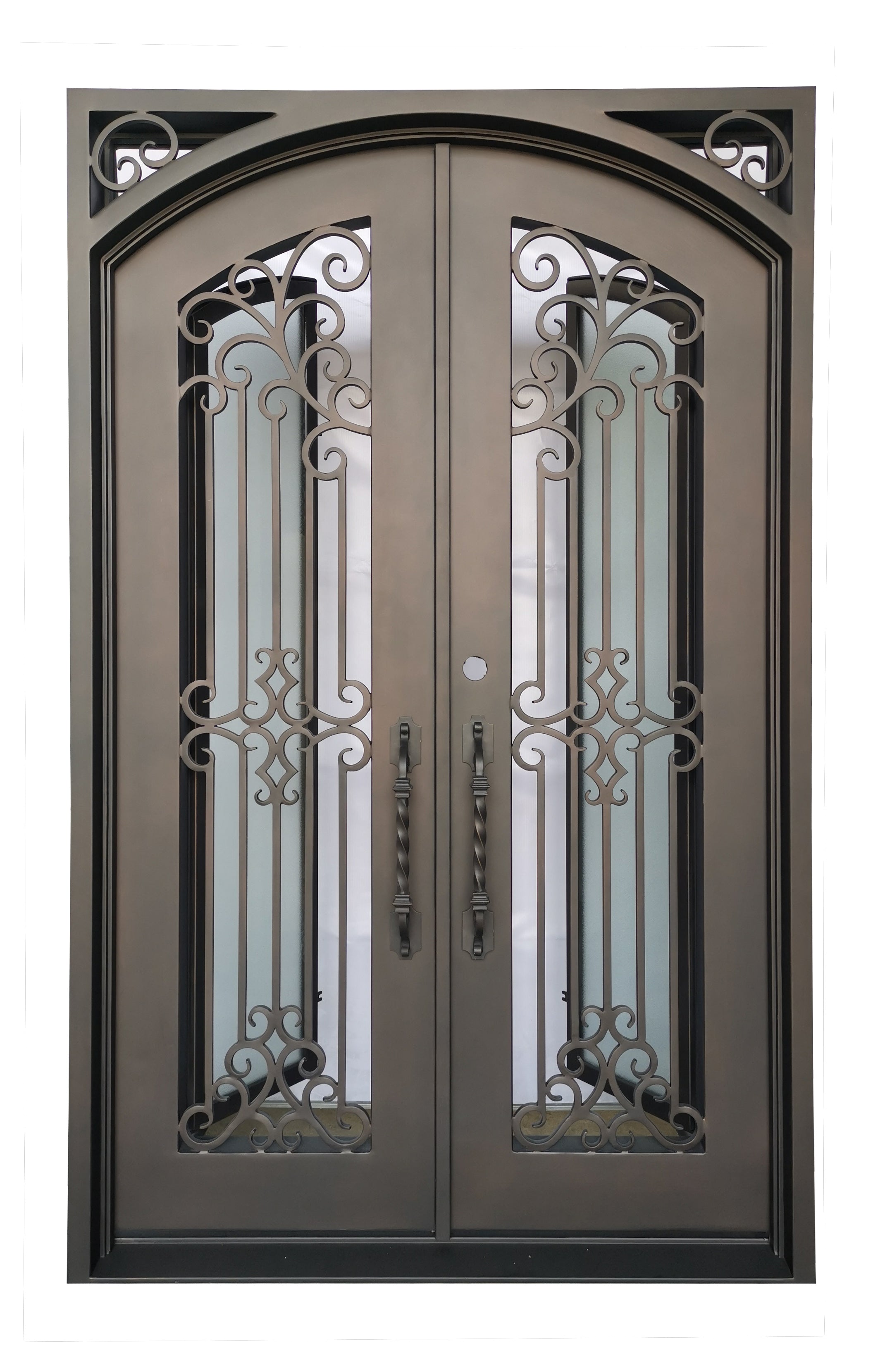 Hidalgo Model Double Front Entry Iron Door With Tempered Aqua Lite Glass Dark Bronze Finish - AAWAIZ IMPORTS