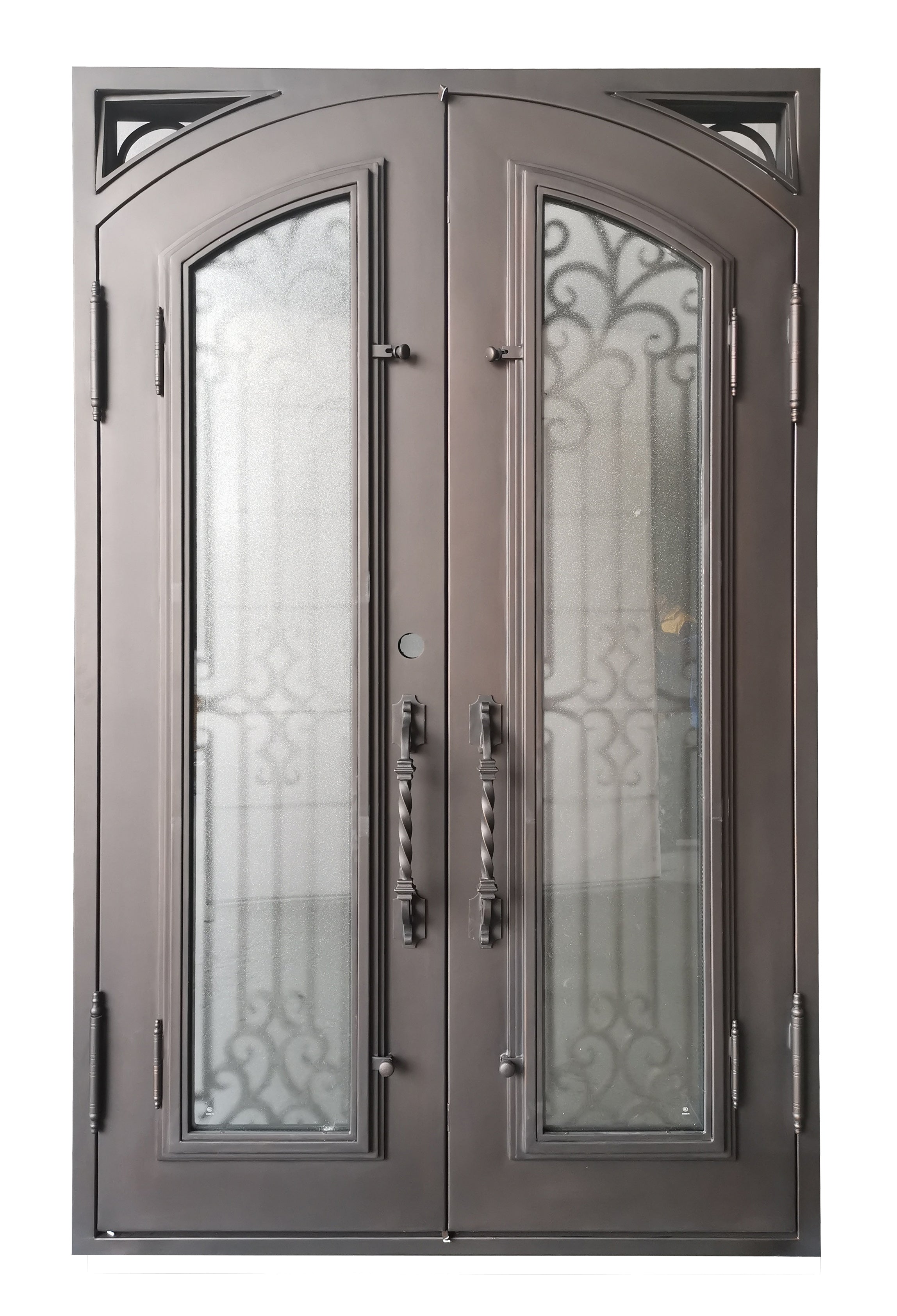 Hidalgo Model Double Front Entry Iron Door With Tempered Aqua Lite Glass Dark Bronze Finish - AAWAIZ IMPORTS