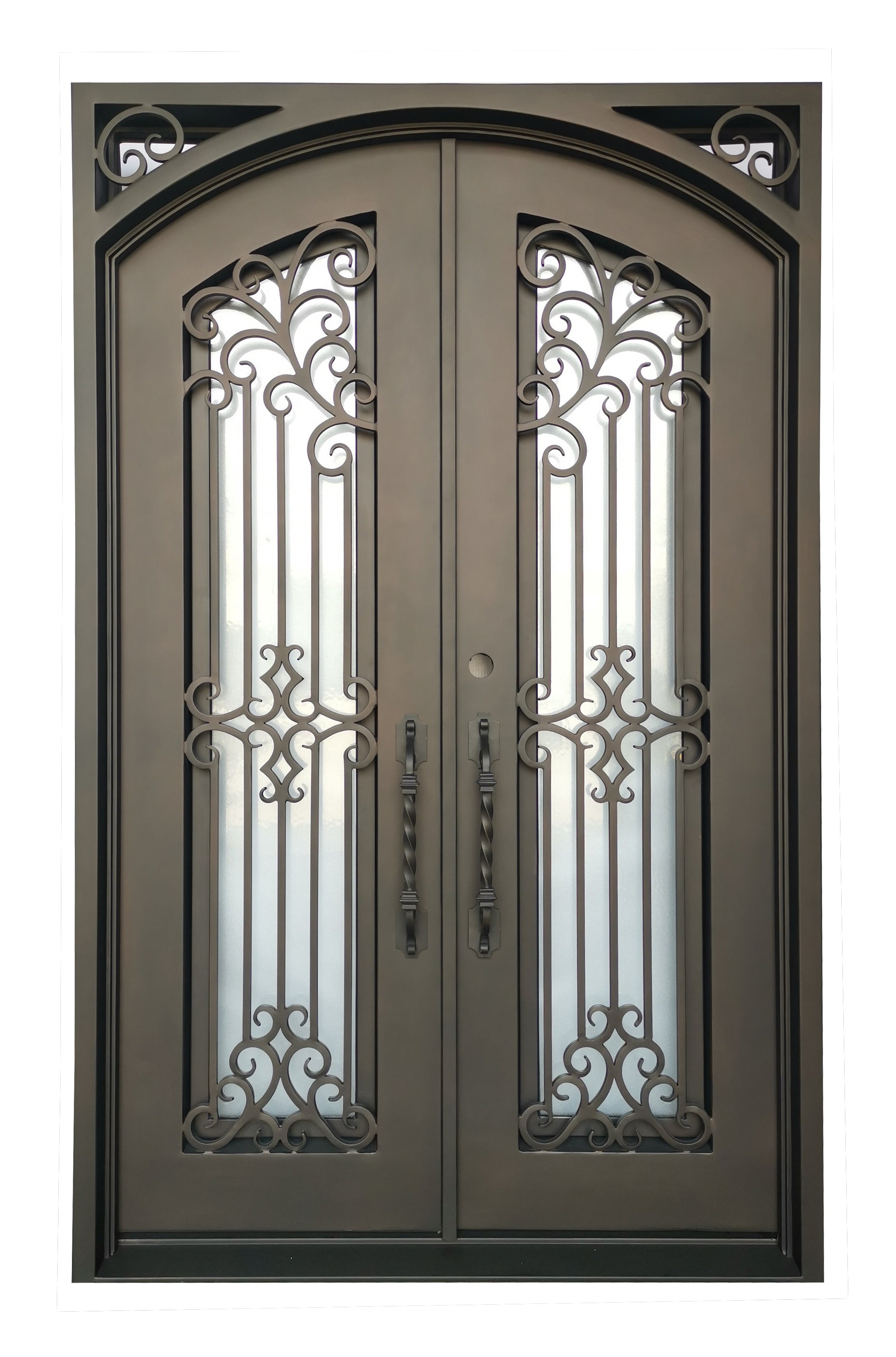 Hidalgo Model Double Front Entry Iron Door With Tempered Aqua Lite Glass Dark Bronze Finish - AAWAIZ IMPORTS