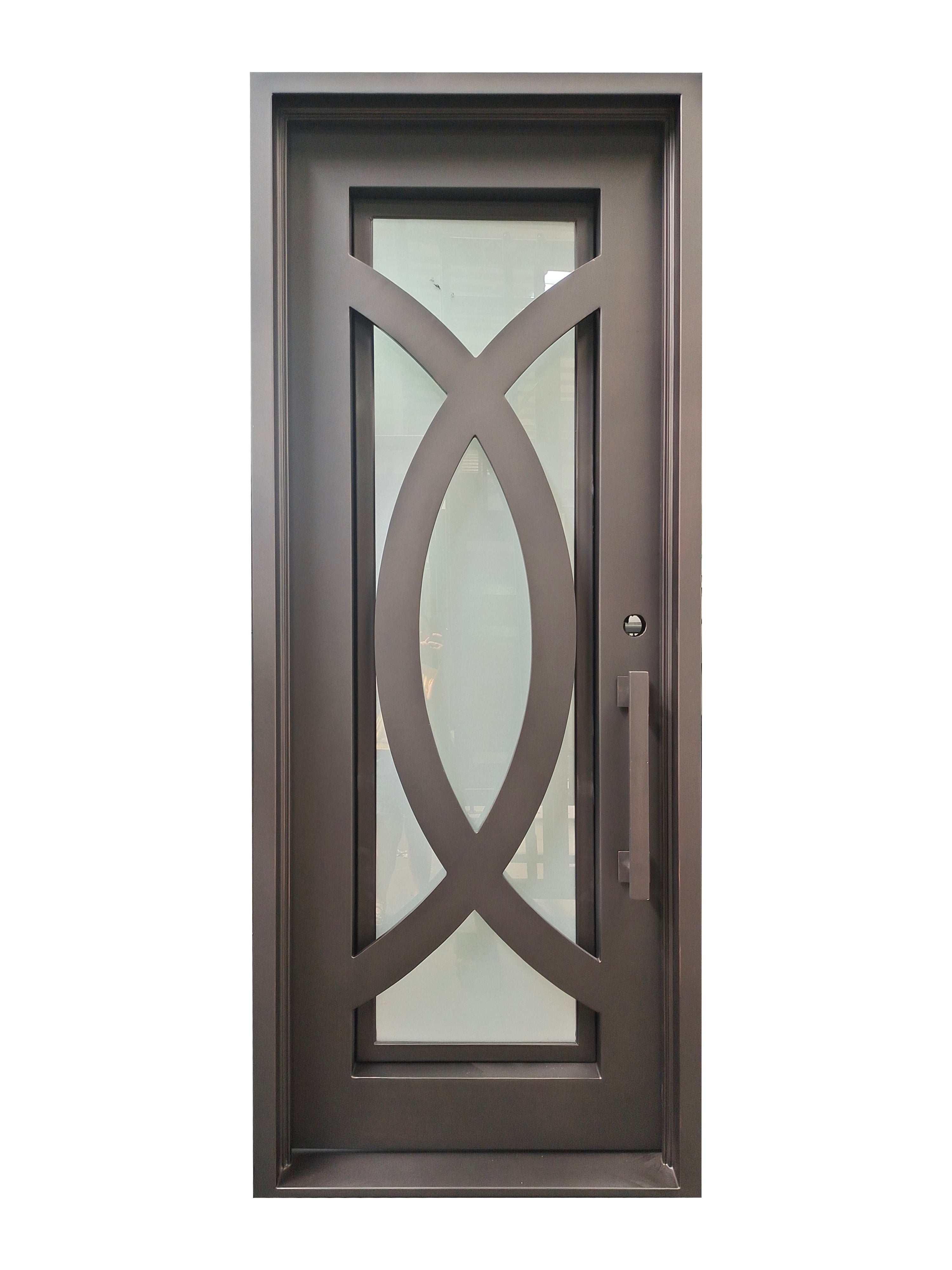 Bellevue Model Pre Hung Single Front Entry Wrought Iron Door With Frosted Glass Dark Bronze Finish