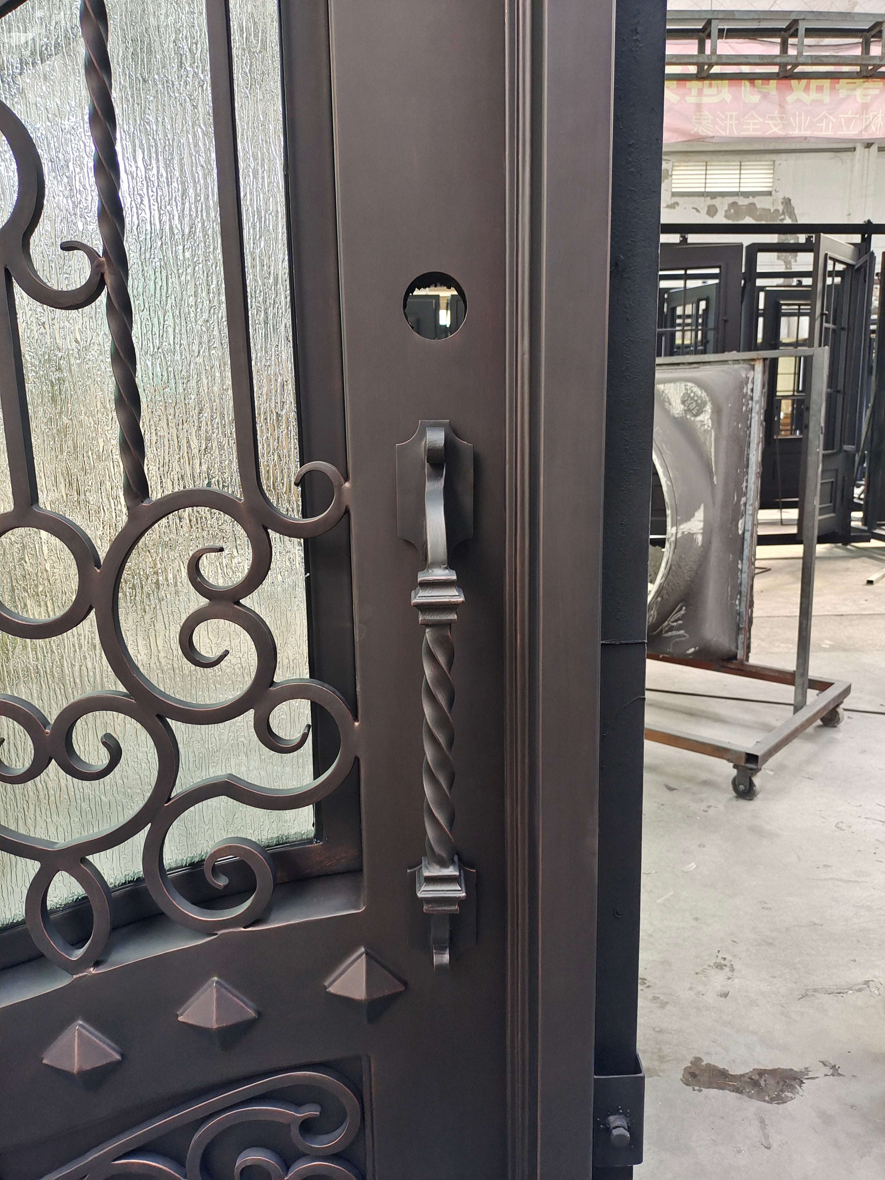 Canton Model Pre Hung Single Front Entry Wrought Iron Door With Rain Glass