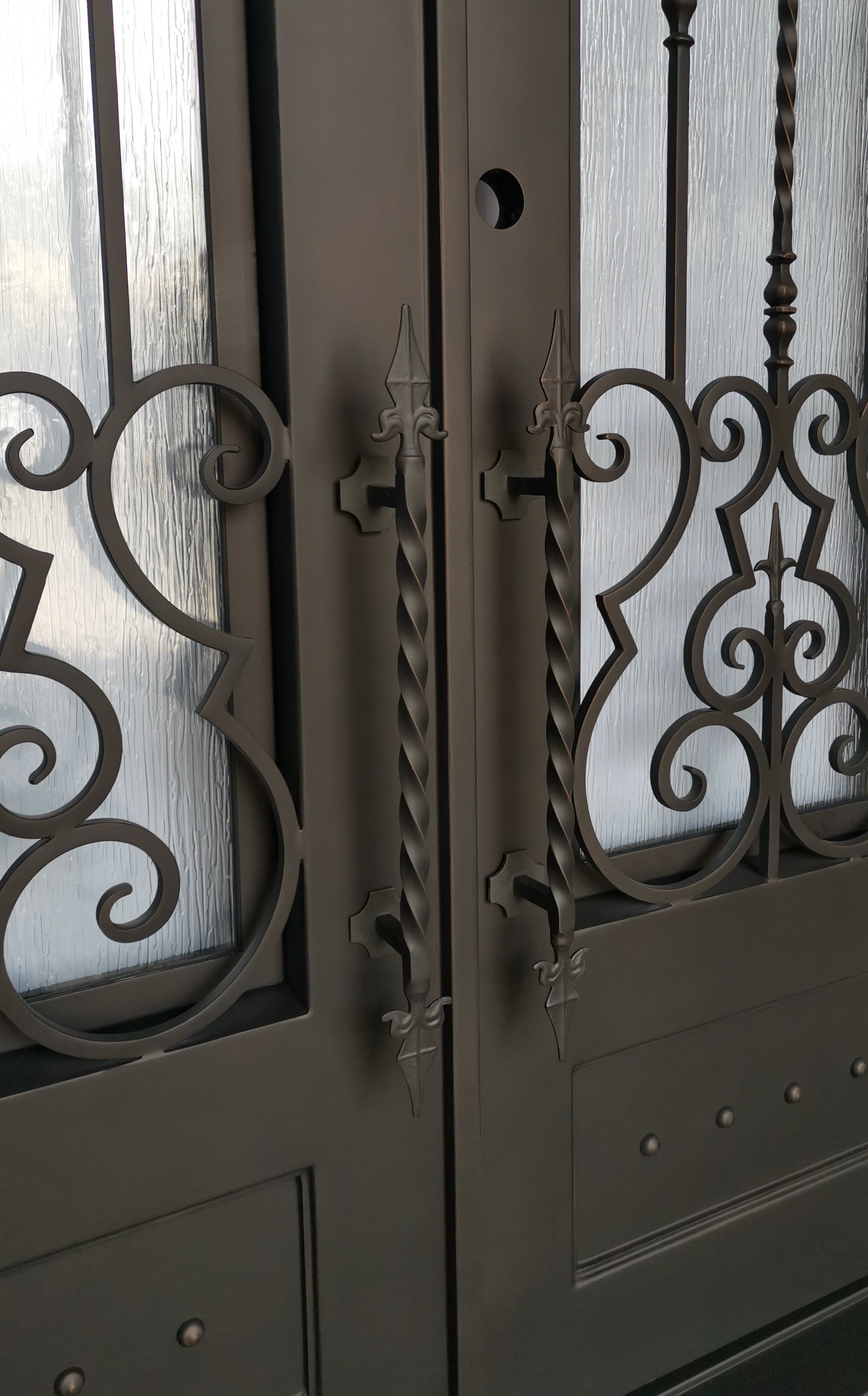 Addison Model Double Front Entry Iron Door With Tempered Rain Glass Dark Bronze Finish - AAWAIZ IMPORTS