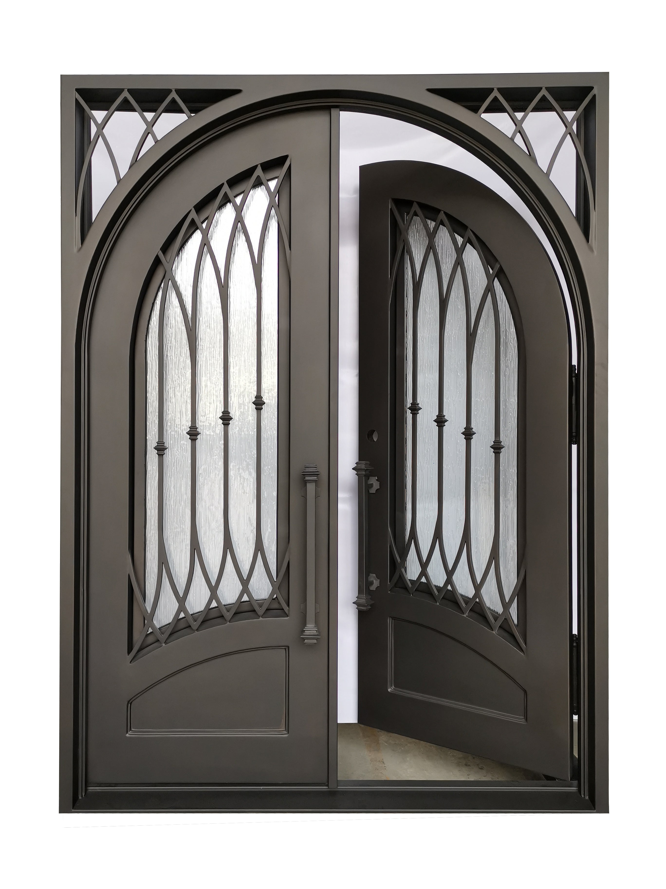 Austin Model Double Front Entry Iron Door With Tempered Rain Glass Dark Bronze Finish - AAWAIZ IMPORTS