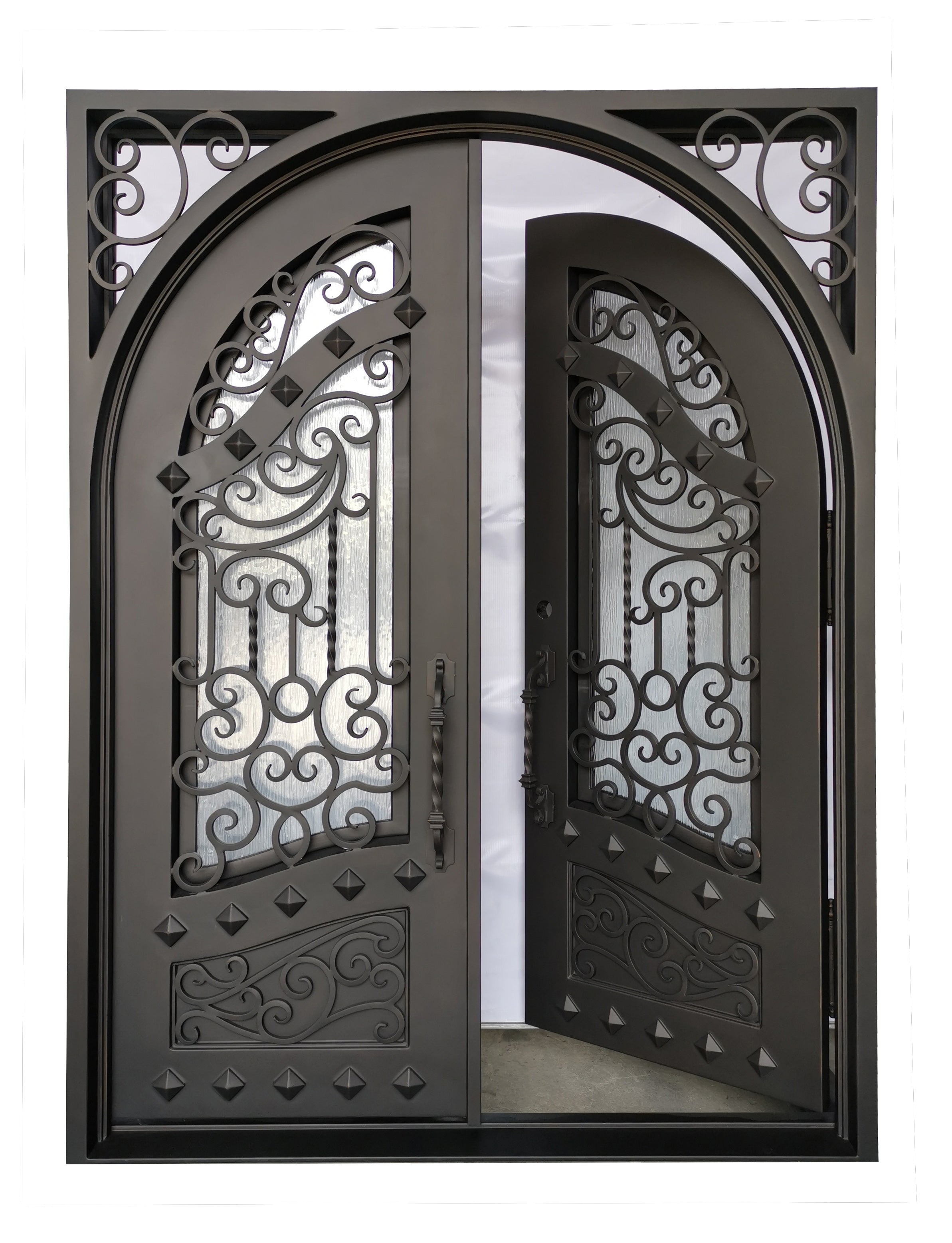 Canton Model Double Front Entry Iron Door With Tempered Rain Glass Dark Bronze Finish - AAWAIZ IMPORTS