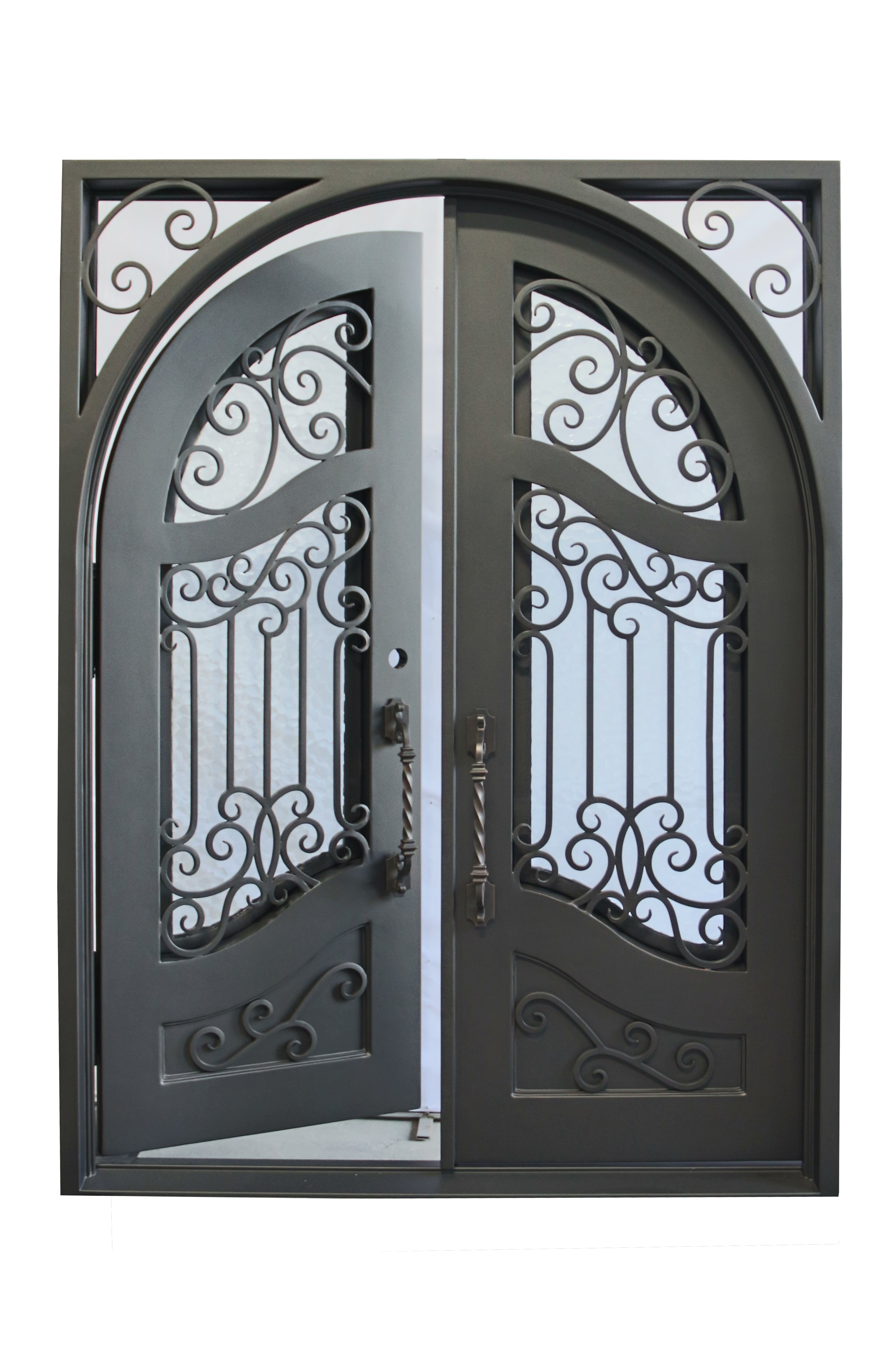 Calvert Model Double Front Entry Iron Door With Tempered Water Cube Glass Dark Bronze Finish - AAWAIZ IMPORTS