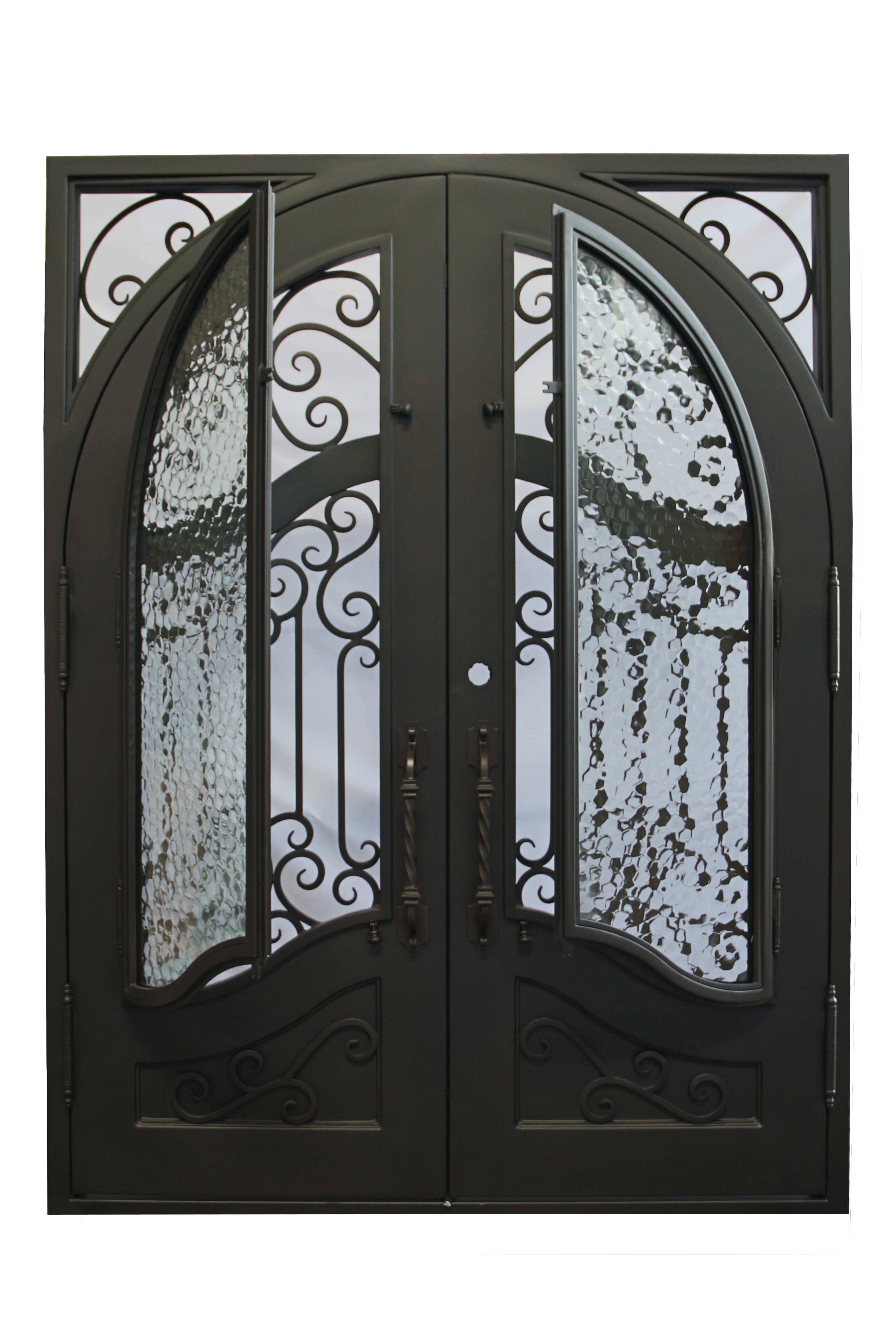 Calvert Model Double Front Entry Iron Door With Tempered Water Cube Glass Dark Bronze Finish - AAWAIZ IMPORTS