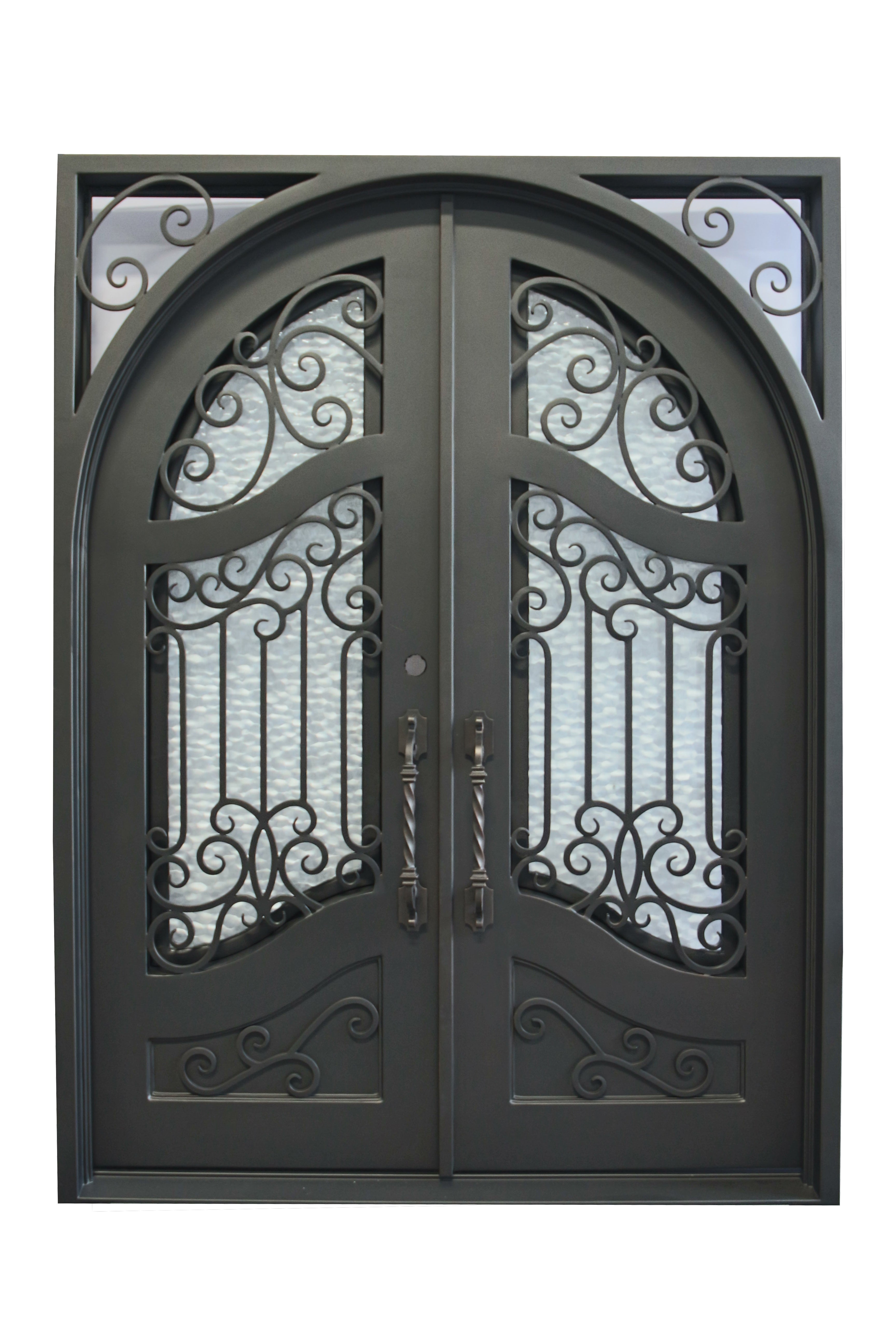 Calvert Model Double Front Entry Iron Door With Tempered Water Cube Glass Dark Bronze Finish - AAWAIZ IMPORTS