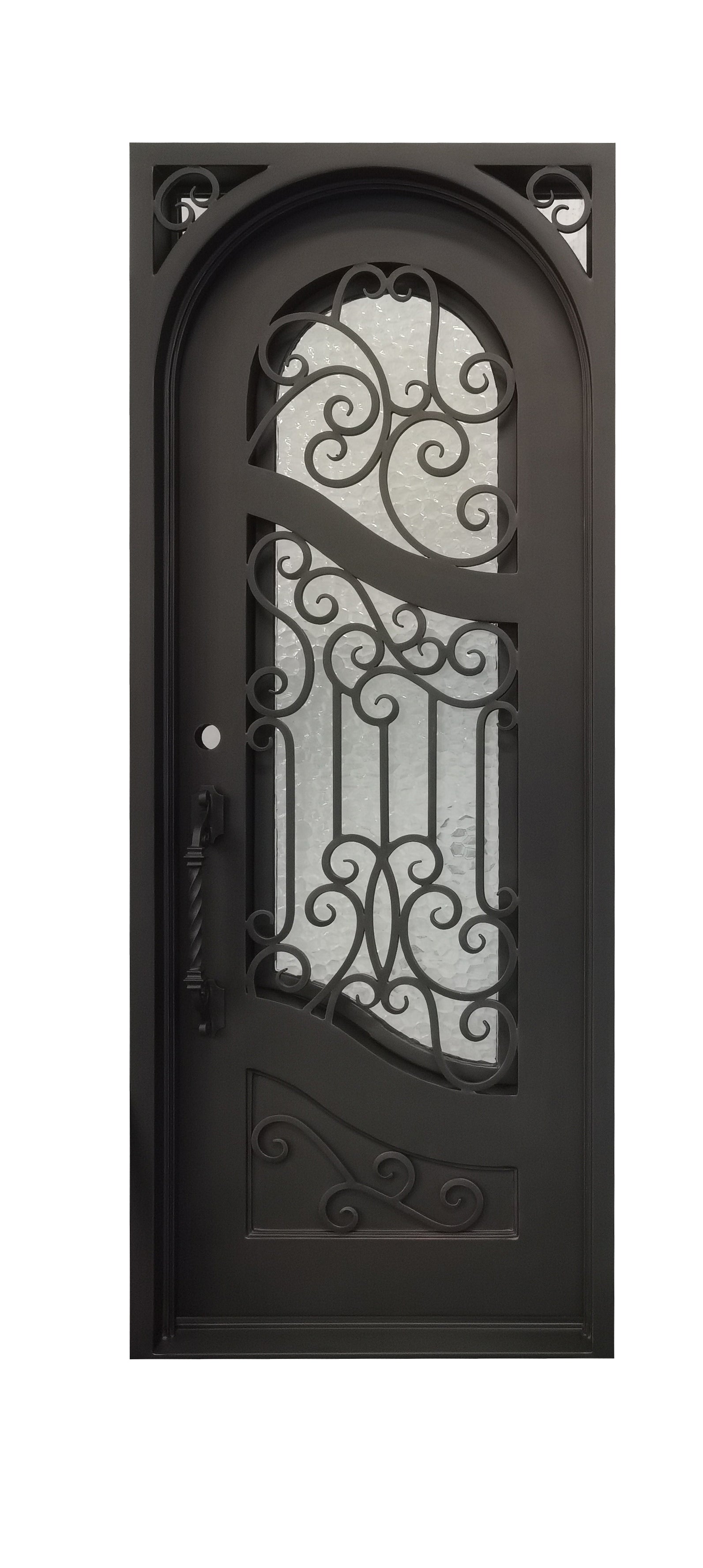 Calvert Model Pre Hung Single Front Entry Wrought Iron Door With Rain Glass Dark Bronze Finish