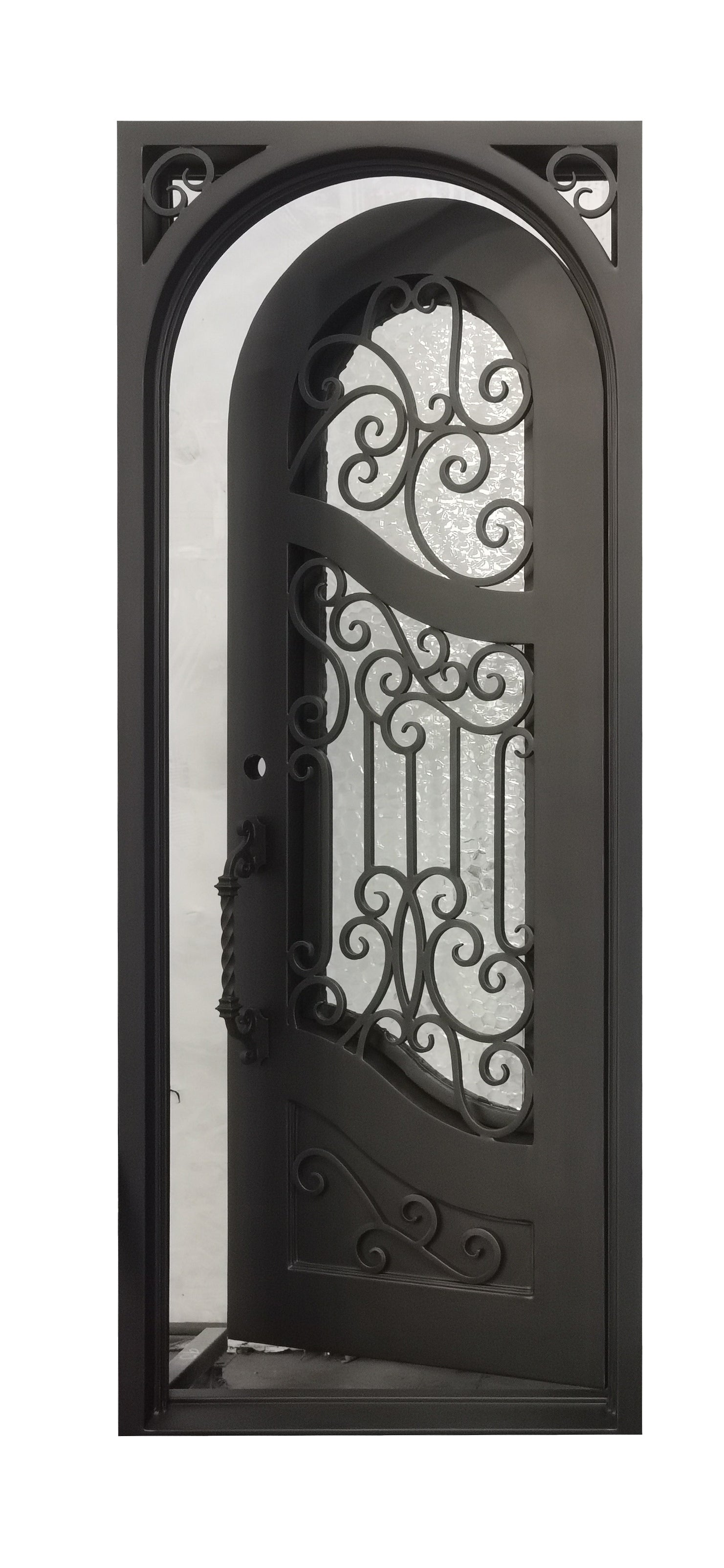 Calvert Model Pre Hung Single Front Entry Wrought Iron Door With Rain Glass Dark Bronze Finish