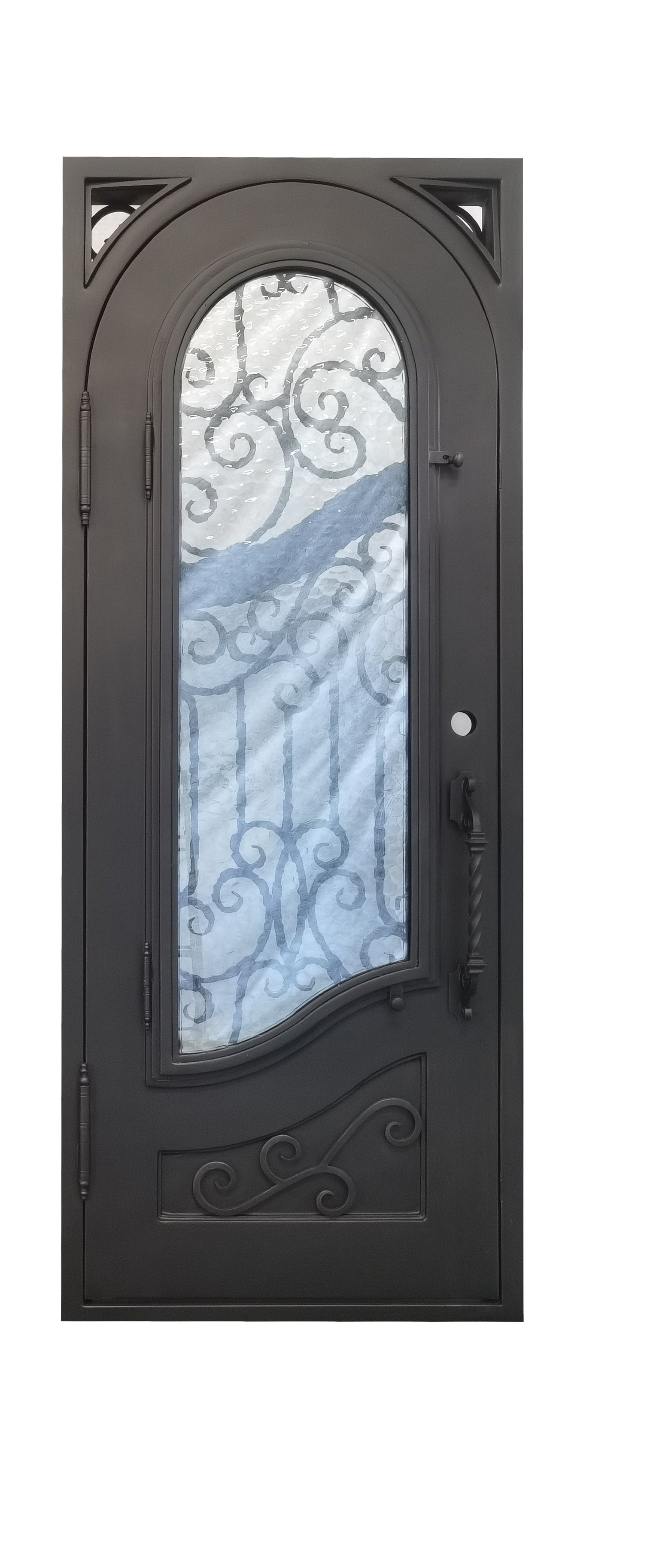 Calvert Model Pre Hung Single Front Entry Wrought Iron Door With Rain Glass Dark Bronze Finish