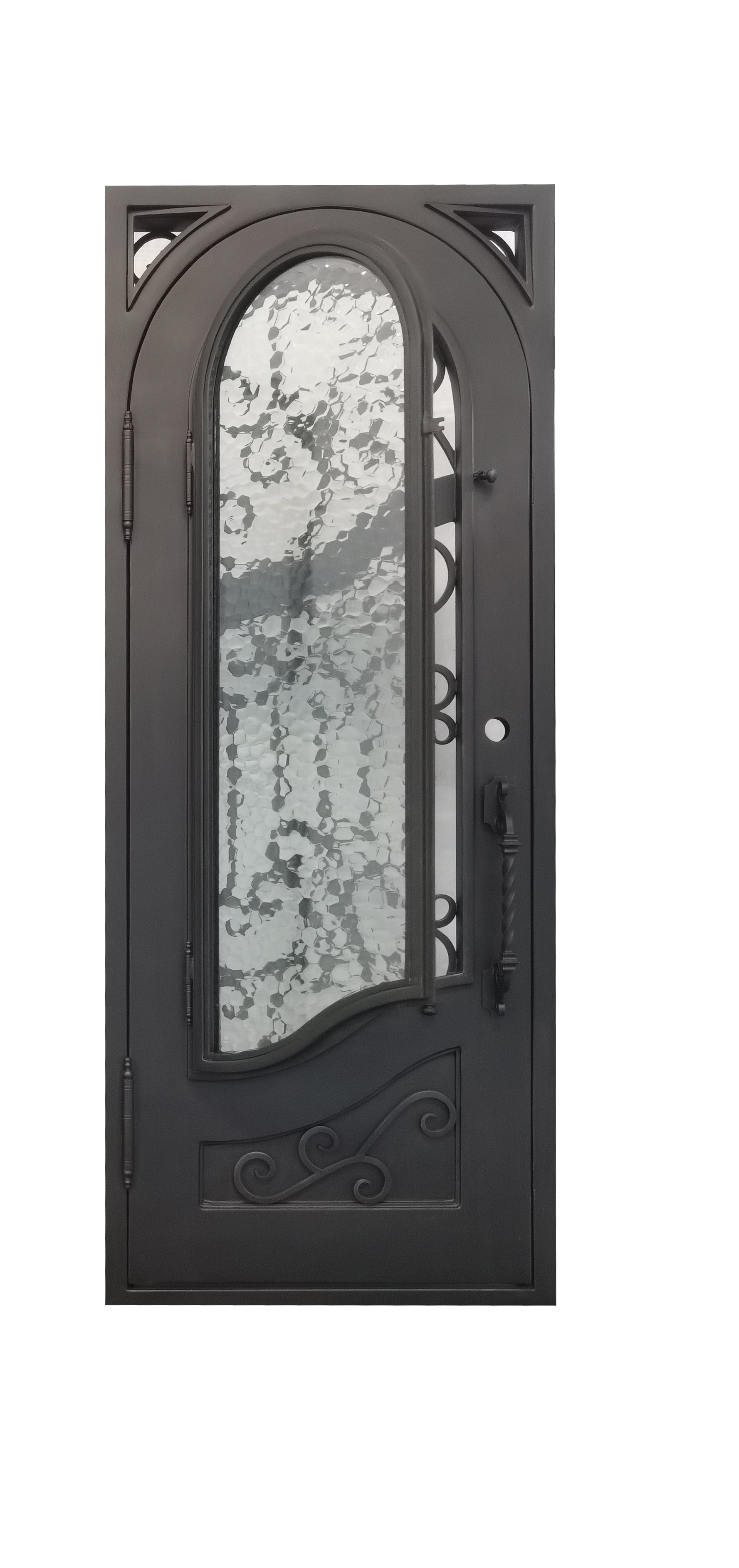 Calvert Model Pre Hung Single Front Entry Wrought Iron Door With Rain Glass Dark Bronze Finish