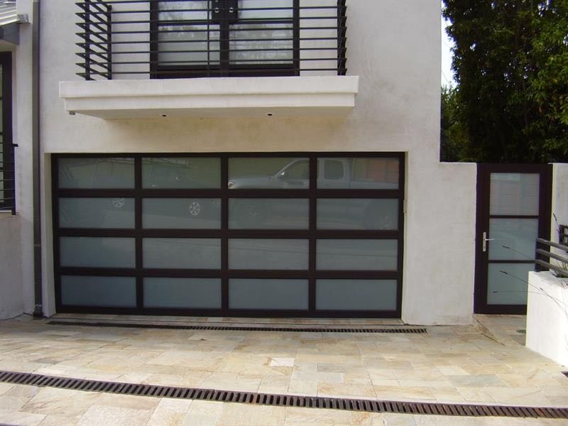 9 X 8 Full View Modern Garage Door With Matte Black Finish With Frosted Glass - nickkys garage doors