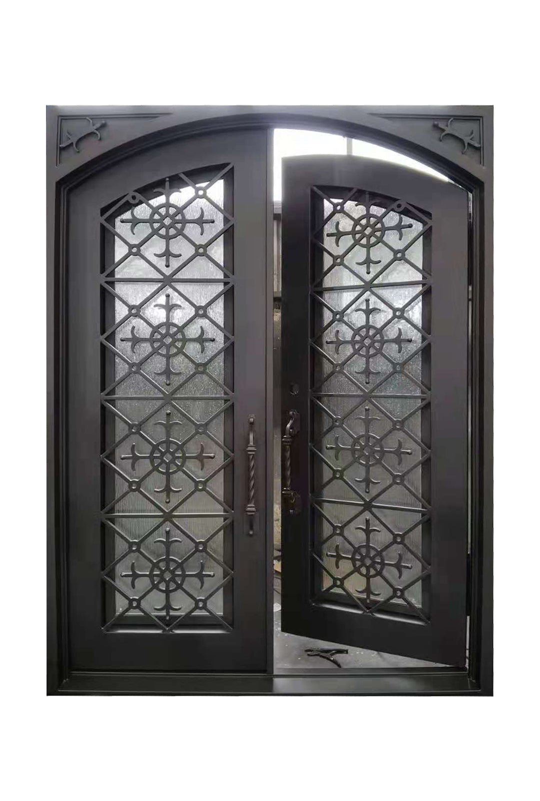 Clifton Model Double Front Entry Iron Door With Tempered Water Cube Glass Dark Bronze Finish