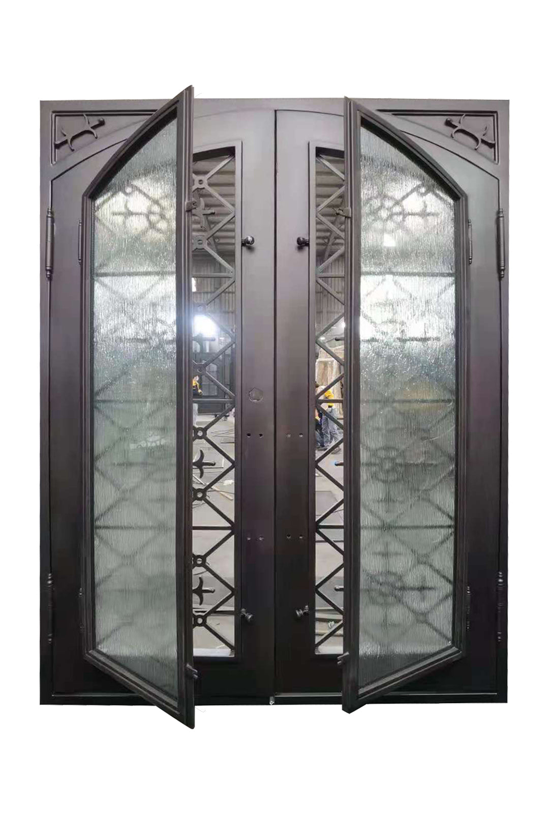 Clifton Model Double Front Entry Iron Door With Tempered Water Cube Glass Dark Bronze Finish