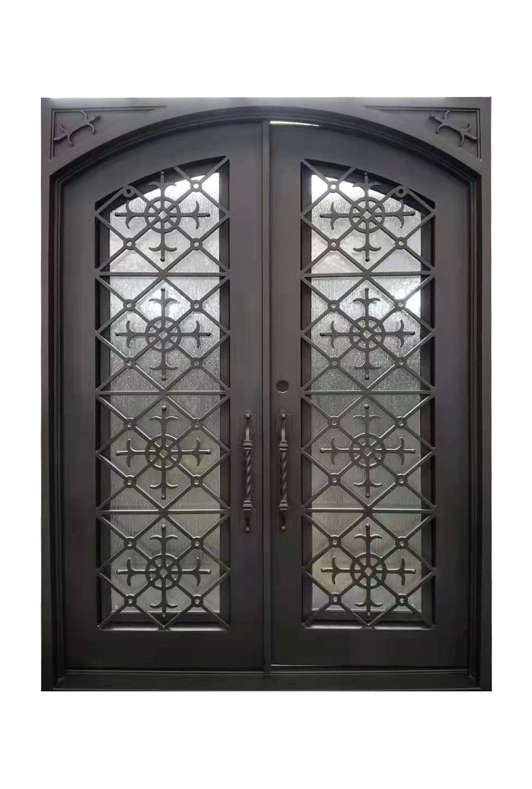 Clifton Model Double Front Entry Iron Door With Tempered Water Cube Glass Dark Bronze Finish