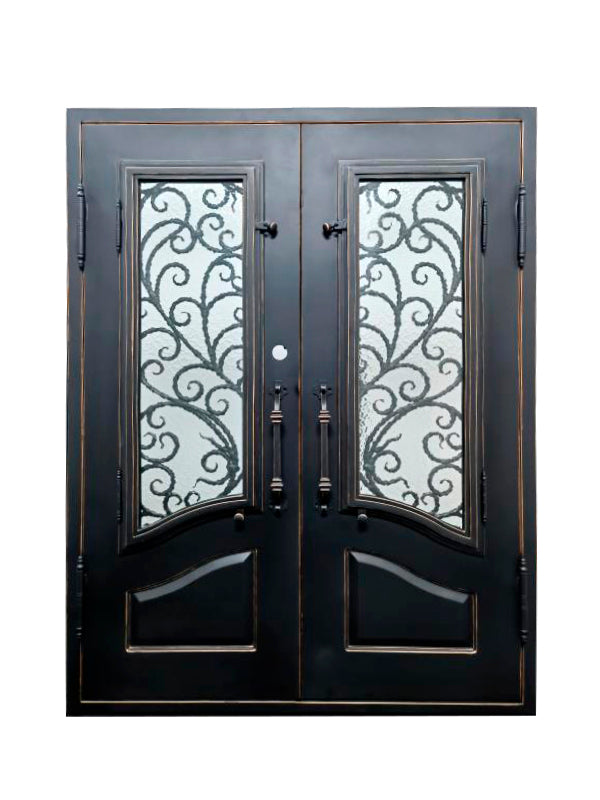 Katy Model Double Front Entry Iron Door With Tempered Rain Glass Matt Black Finish With Copper Accents