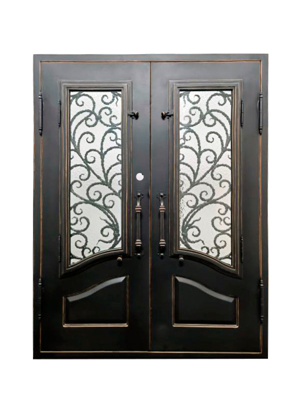 Katy Model Double Front Entry Iron Door With Tempered Rain Glass Matt Black Finish With Copper Accents