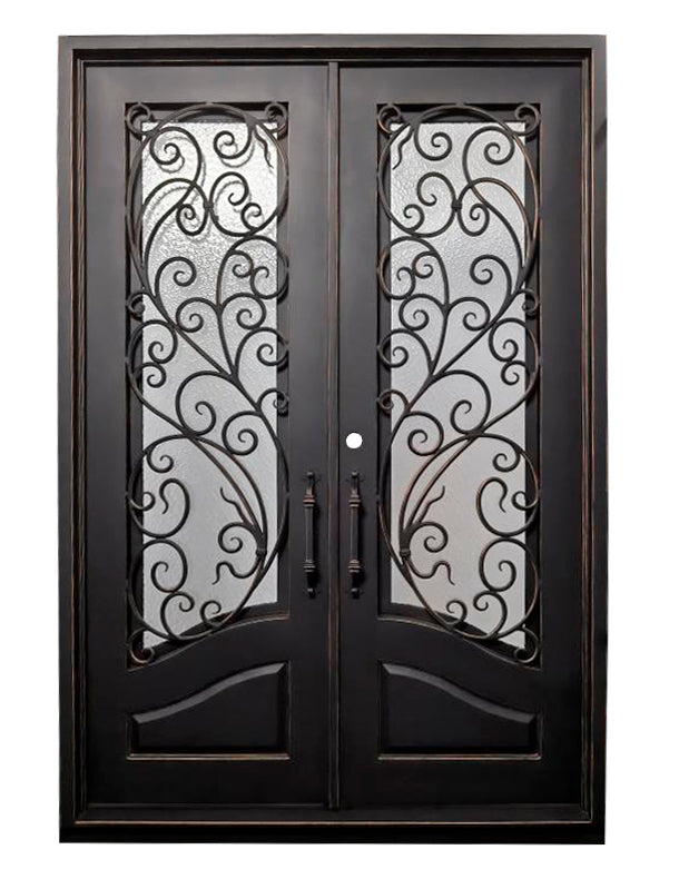 Katy Model Double Front Entry Iron Door With Tempered Rain Glass Matt Black Finish With Copper Accents