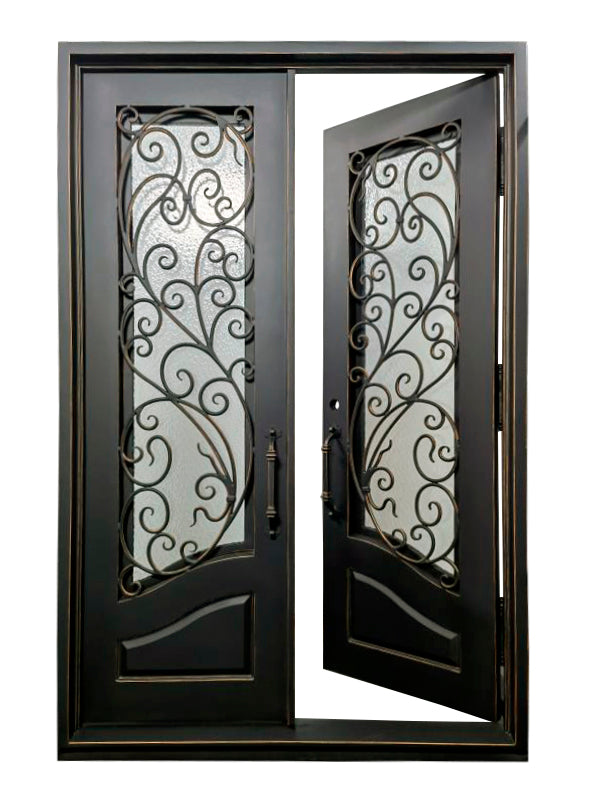 Katy Model Double Front Entry Iron Door With Tempered Rain Glass Matt Black Finish With Copper Accents