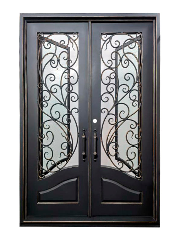 Katy Model Double Front Entry Iron Door With Tempered Rain Glass Matt Black Finish With Copper Accents