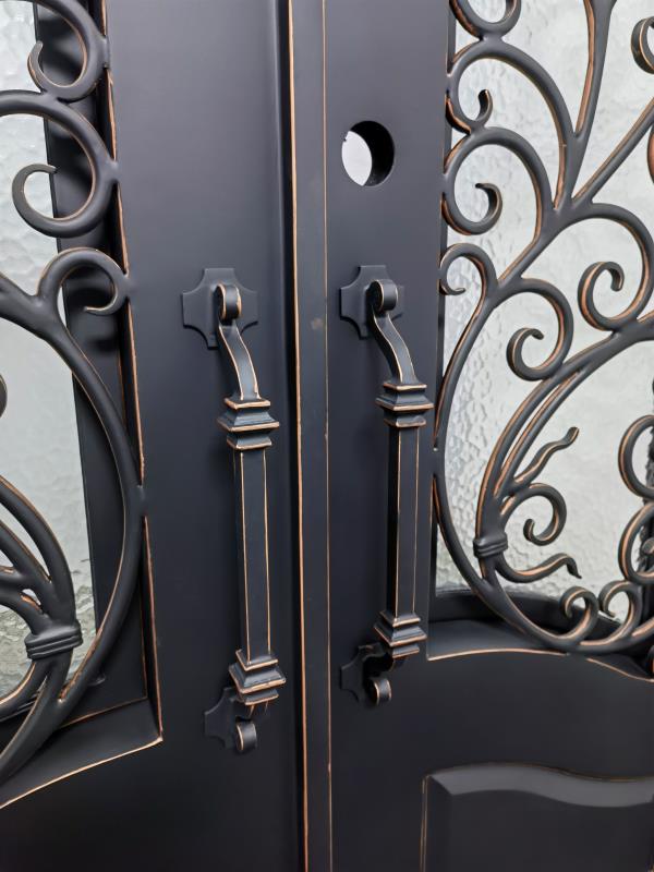 Katy Model Double Front Entry Iron Door With Tempered Rain Glass Matt Black Finish With Copper Accents