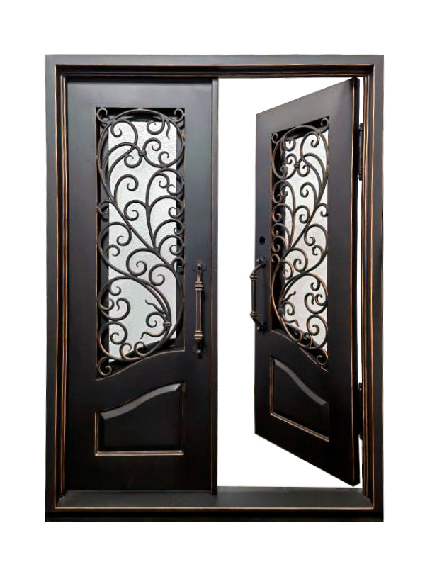 Katy Model Double Front Entry Iron Door With Tempered Rain Glass Matt Black Finish With Copper Accents