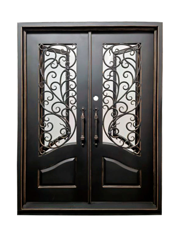 Katy Model Double Front Entry Iron Door With Tempered Rain Glass Matt Black Finish With Copper Accents