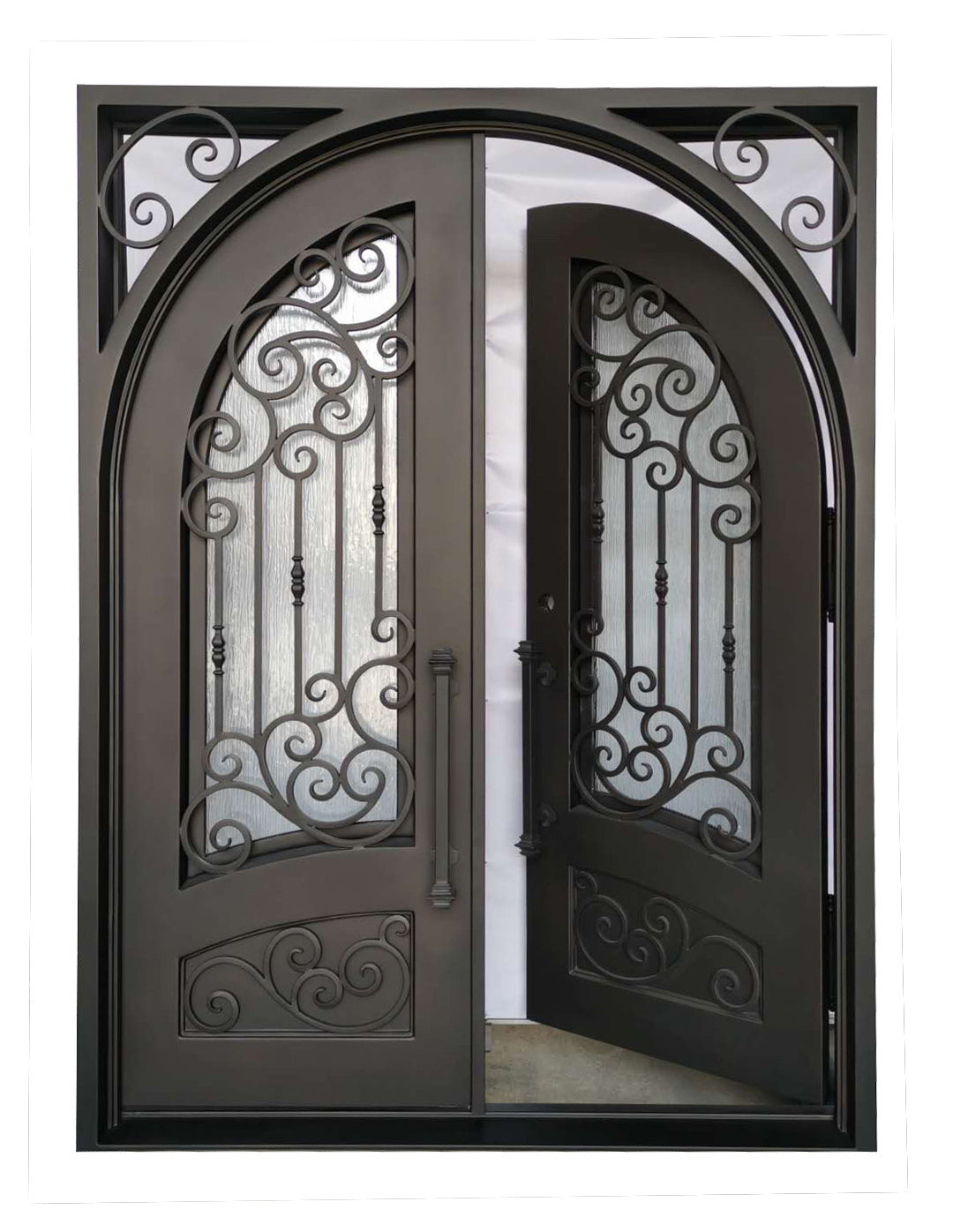 Conroe Model Double Front Entry Iron Door With Tempered Rain Glass Dark Bronze Finish - AAWAIZ IMPORTS