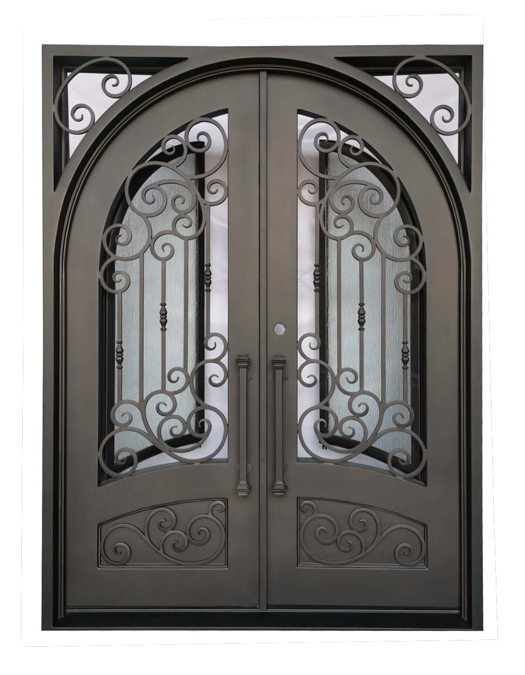 Conroe Model Double Front Entry Iron Door With Tempered Rain Glass Dark Bronze Finish - AAWAIZ IMPORTS