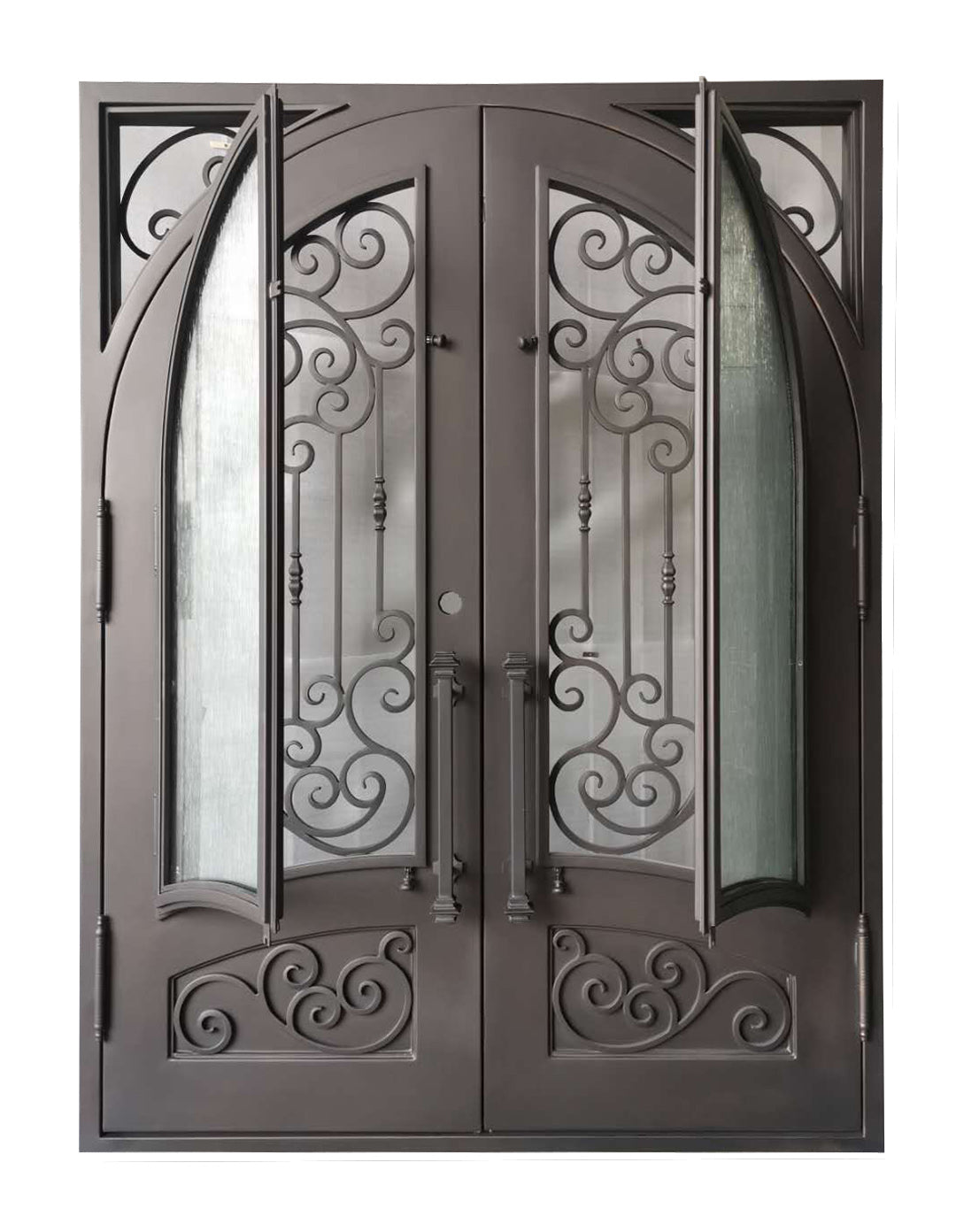 Conroe Model Double Front Entry Iron Door With Tempered Rain Glass Dark Bronze Finish - AAWAIZ IMPORTS