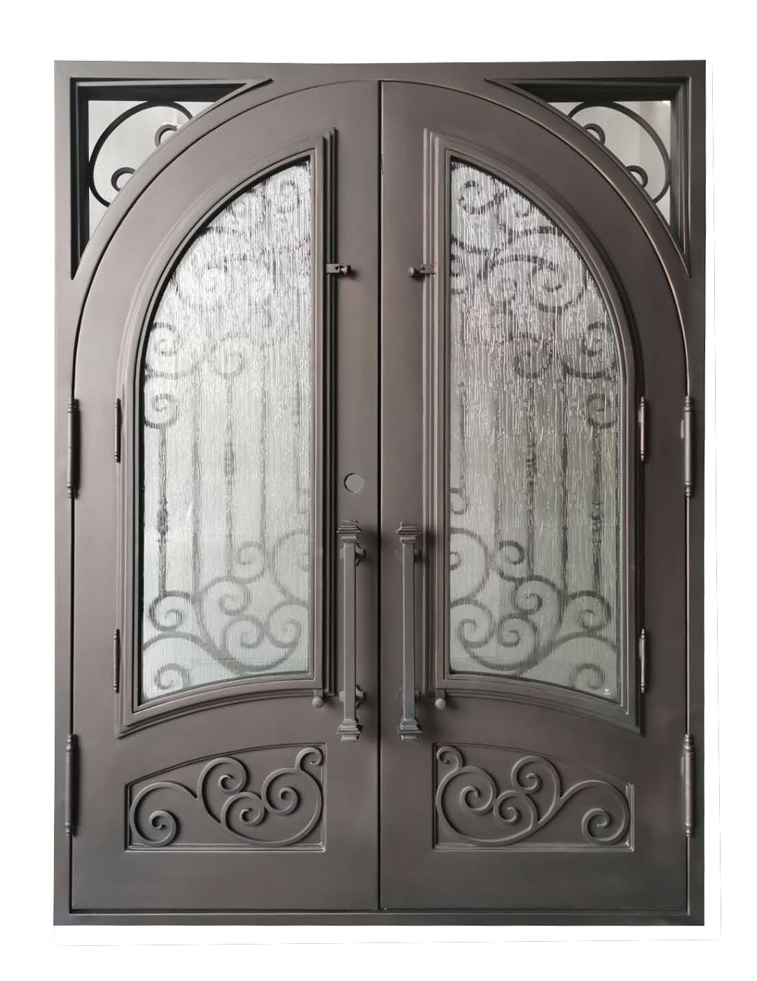 Conroe Model Double Front Entry Iron Door With Tempered Rain Glass Dark Bronze Finish - AAWAIZ IMPORTS