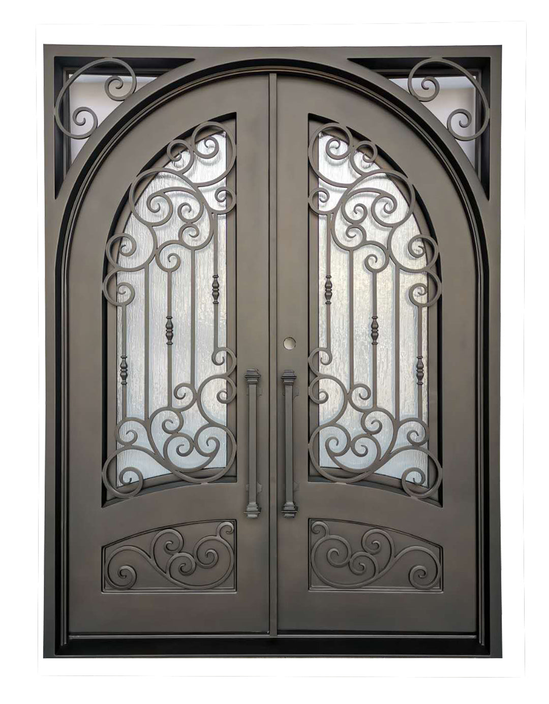 Conroe Model Double Front Entry Iron Door With Tempered Rain Glass Dark Bronze Finish - AAWAIZ IMPORTS