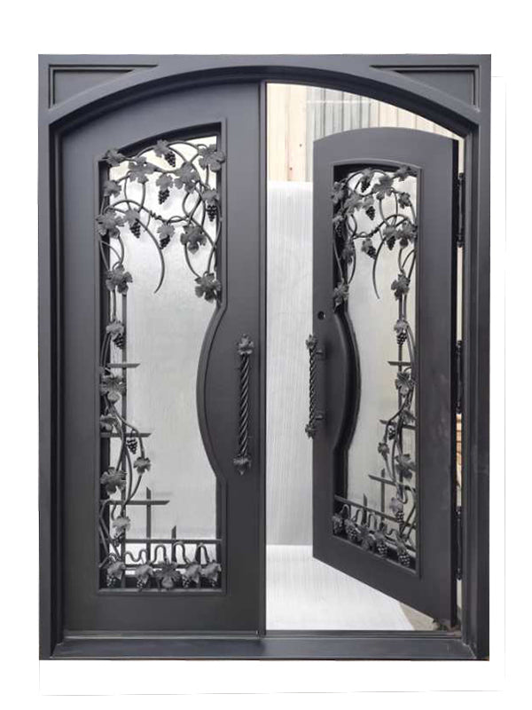 Grapevine Model Double Front Entry Iron Door With Tempered Rain Glass Dark Bronze Finish - AAWAIZ IMPORTS