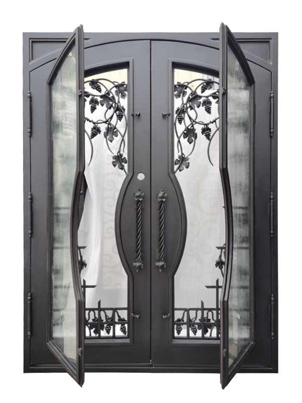 Grapevine Model Double Front Entry Iron Door With Tempered Rain Glass Dark Bronze Finish - AAWAIZ IMPORTS