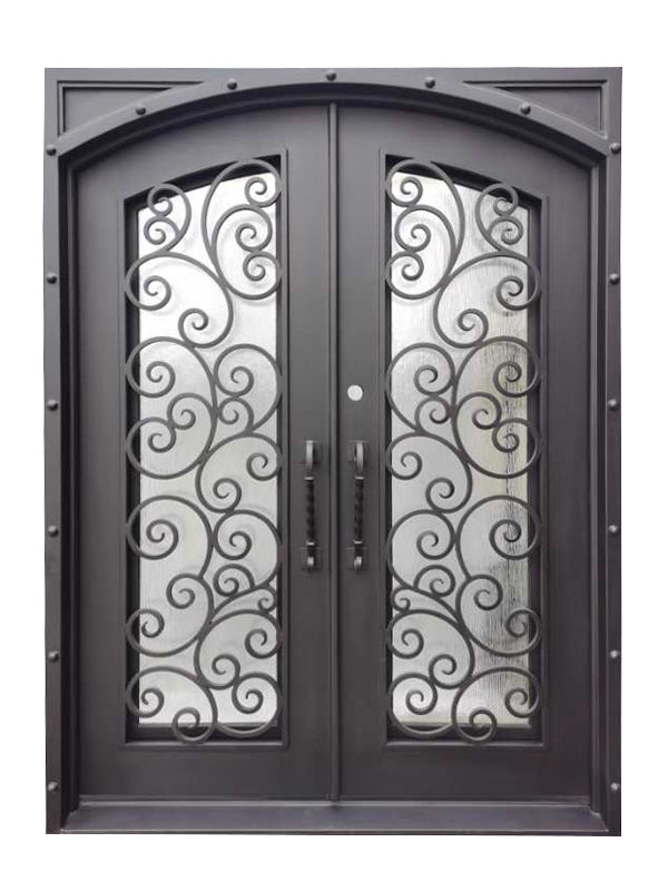 Hudson Model Double Front Entry Iron Door With Tempered Rain Glass Dark Bronze Finish - AAWAIZ IMPORTS