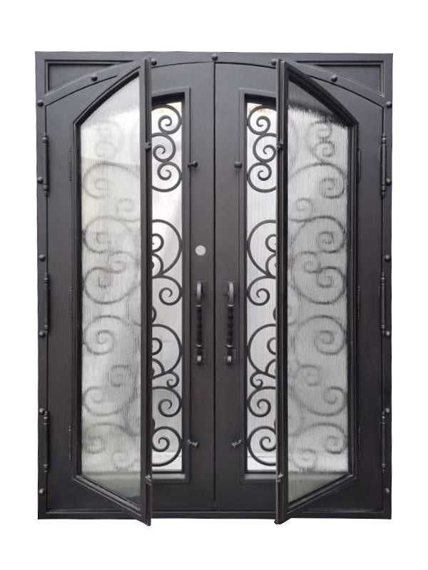 Hudson Model Double Front Entry Iron Door With Tempered Rain Glass Dark Bronze Finish - AAWAIZ IMPORTS