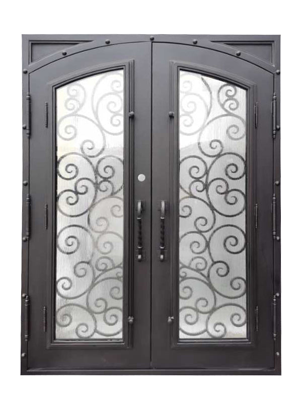Hudson Model Double Front Entry Iron Door With Tempered Rain Glass Dark Bronze Finish - AAWAIZ IMPORTS