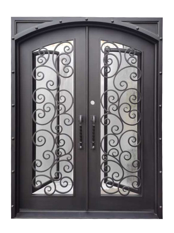 Hudson Model Double Front Entry Iron Door With Tempered Rain Glass Dark Bronze Finish - AAWAIZ IMPORTS