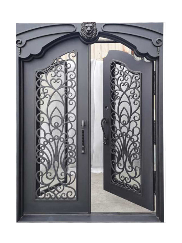 Parker Model Double Front Entry Iron Door With Tempered Rain Glass Dark Bronze Finish - AAWAIZ IMPORTS