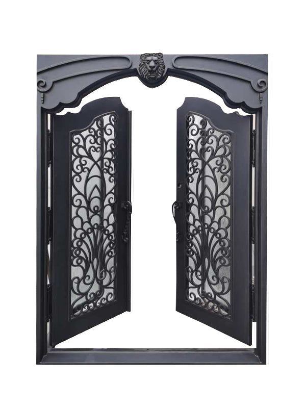 Parker Model Double Front Entry Iron Door With Tempered Rain Glass Dark Bronze Finish - AAWAIZ IMPORTS