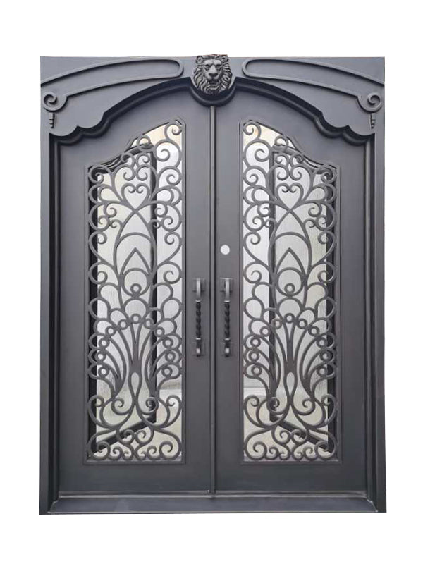 Parker Model Double Front Entry Iron Door With Tempered Rain Glass Dark Bronze Finish - AAWAIZ IMPORTS